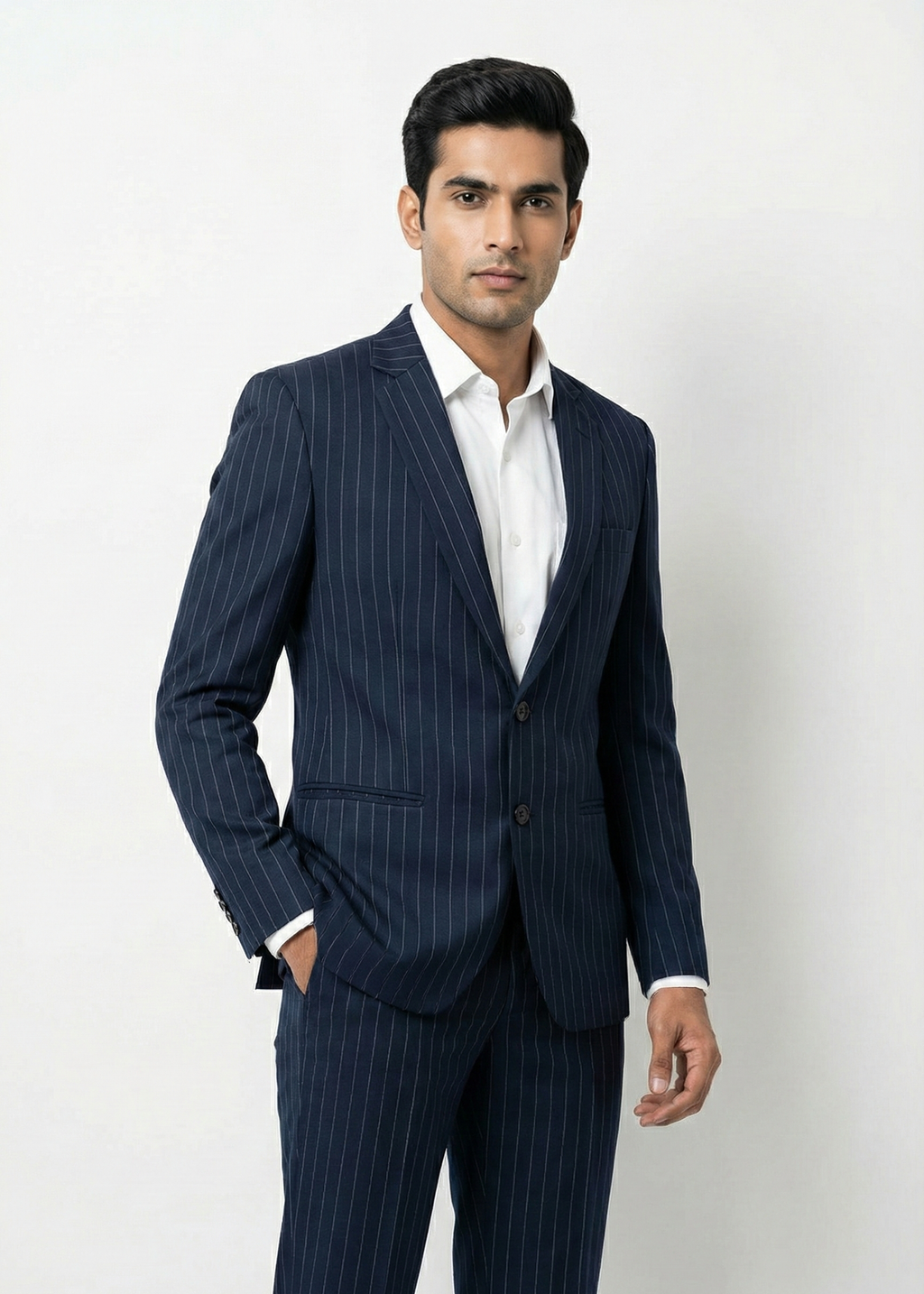 Dark Navy Pinstripe Suit |Full-Length Pinstripe Ensemble Suit