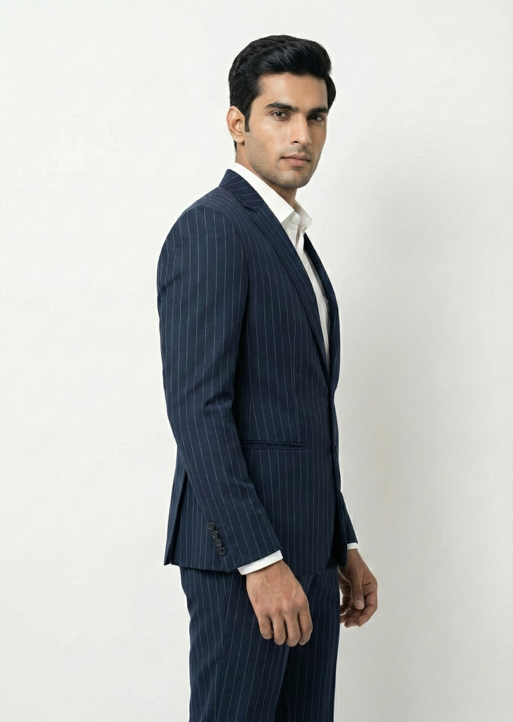 Dark Navy Pinstripe Suit |Full-Length Pinstripe Ensemble Suit