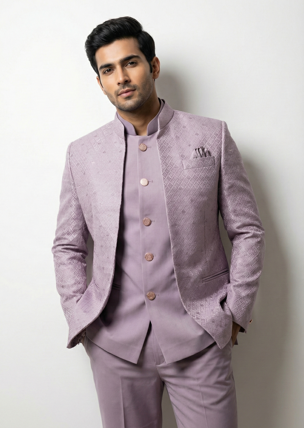 Men Geometric Print Bandhgala Festive & Wedding Blazer (Purple)