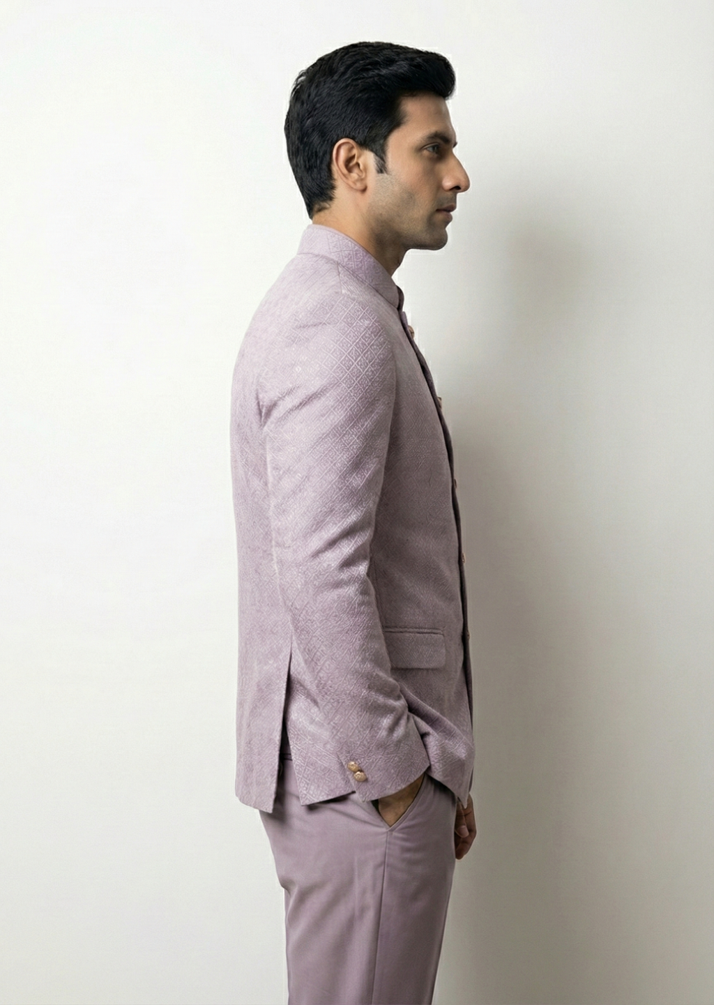 Men Geometric Print Bandhgala Festive & Wedding Blazer (Purple)