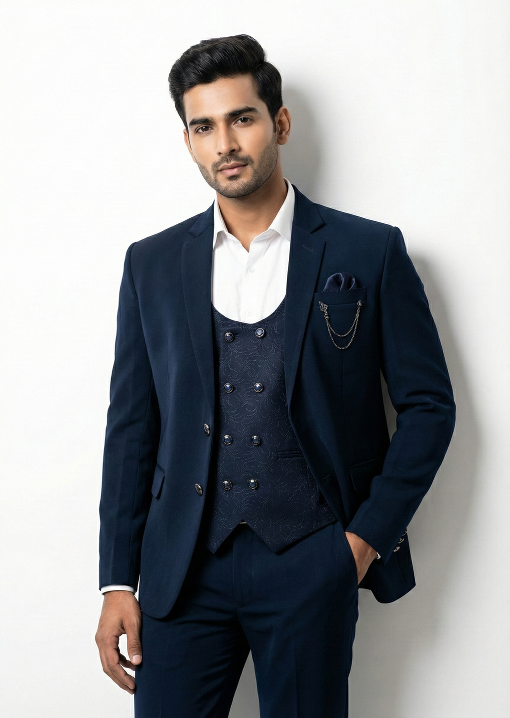 Triangle Premium Navy Blue 3-Piece Suit with Textured Waistcoat