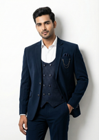 Triangle Premium Navy Blue 3-Piece Suit with Textured Waistcoat