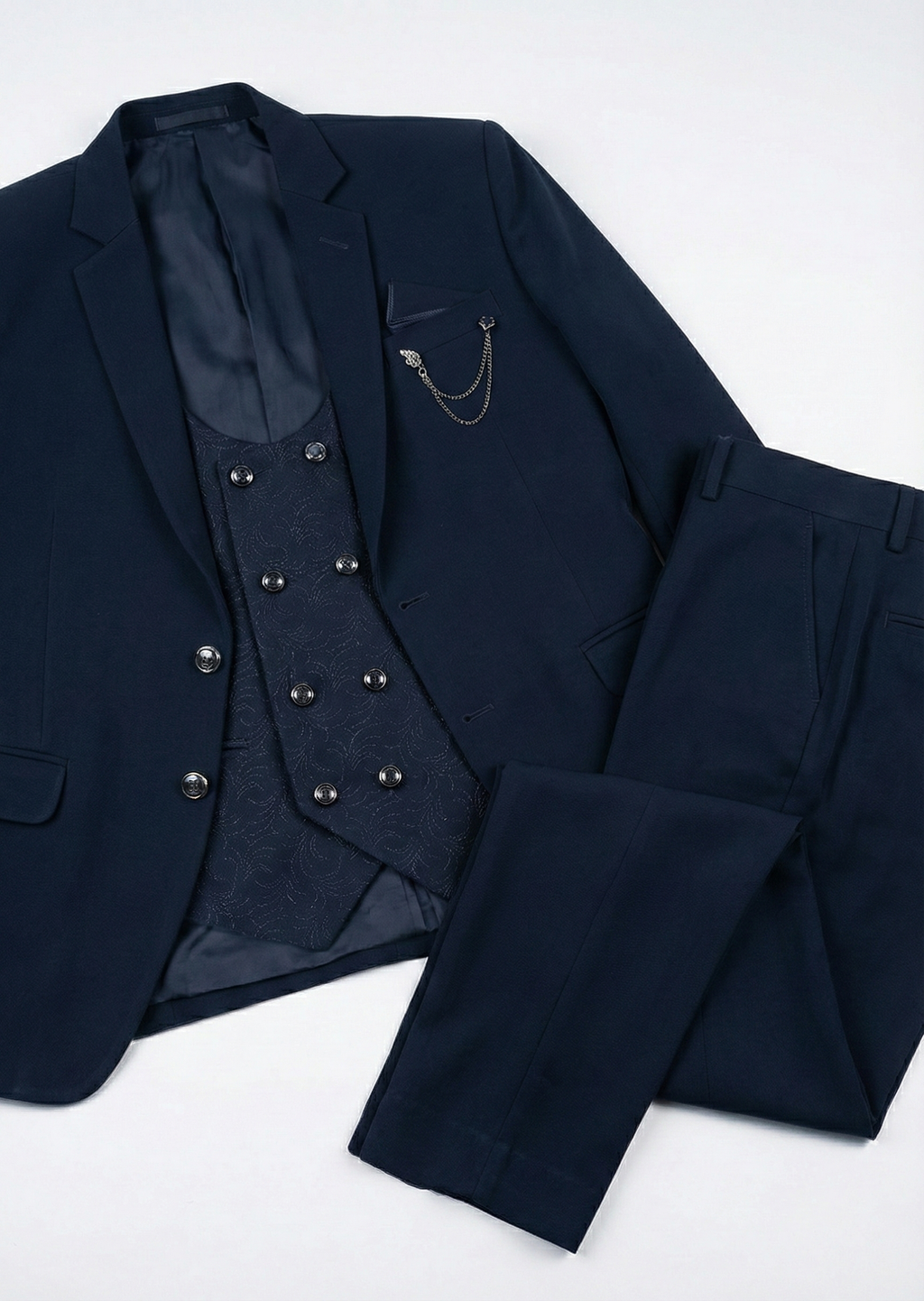 Triangle Premium Navy Blue 3-Piece Suit with Textured Waistcoat