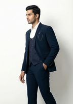 Triangle Premium Navy Blue 3-Piece Suit with Textured Waistcoat