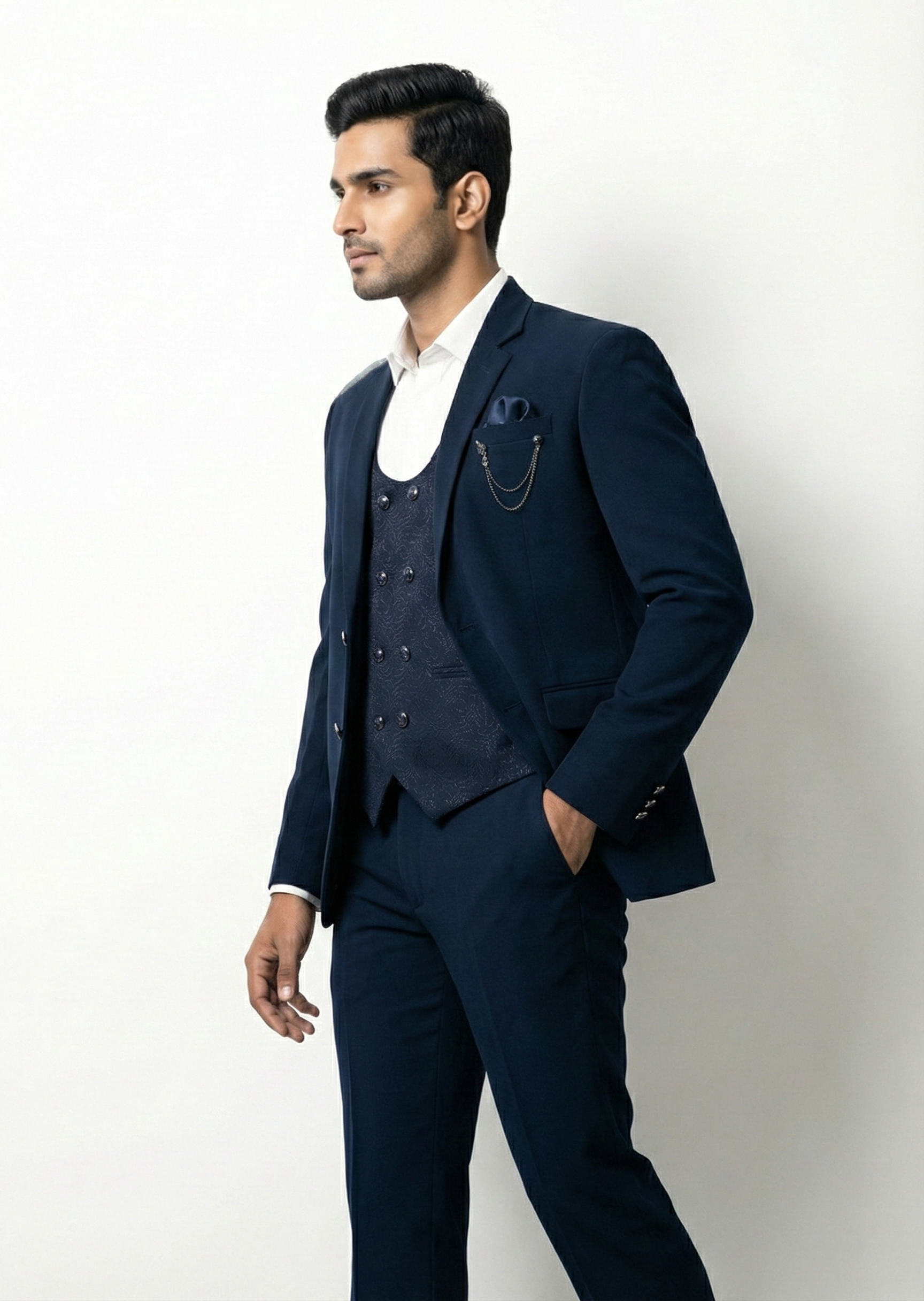 Triangle Premium Navy Blue 3-Piece Suit with Textured Waistcoat