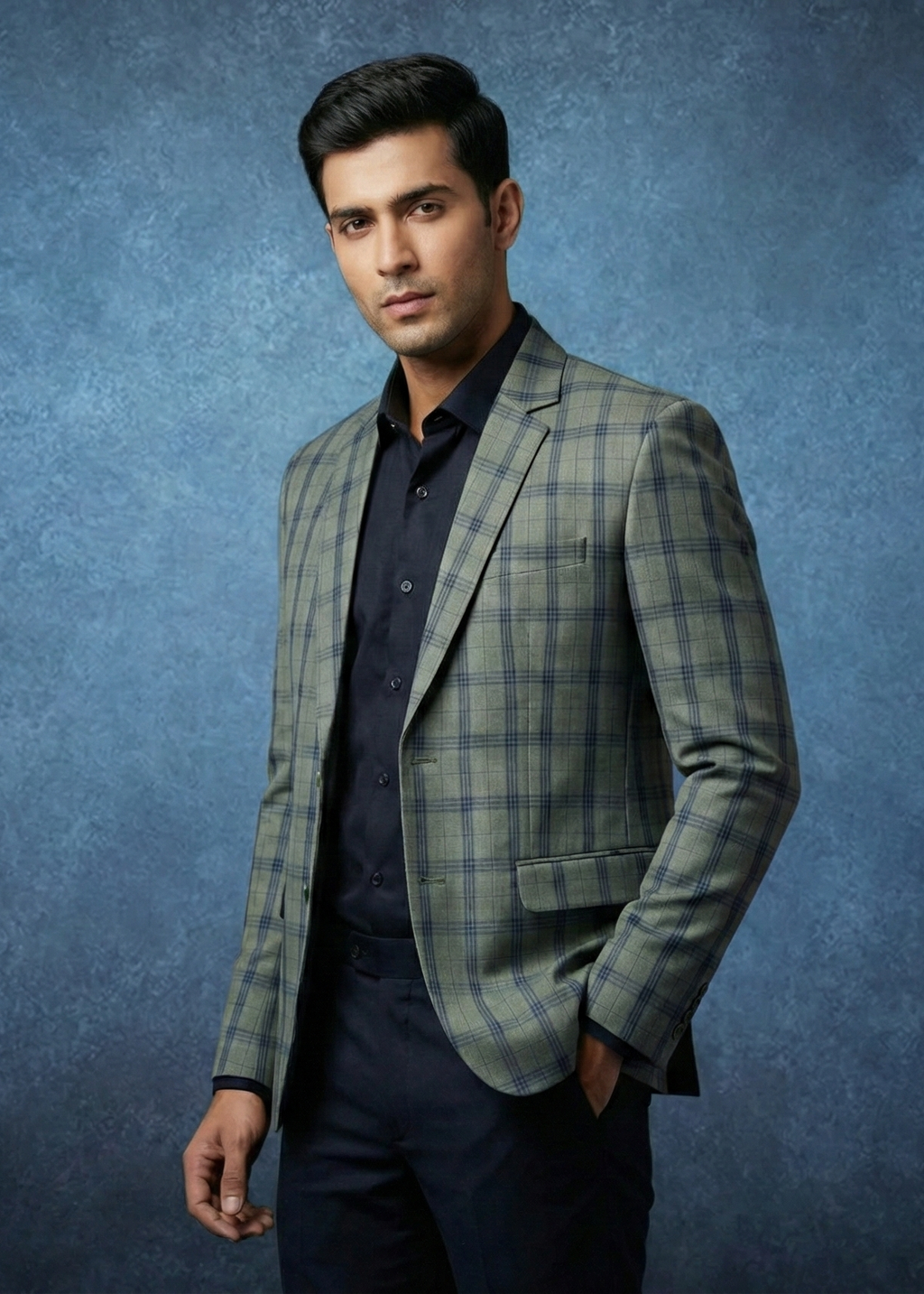 Triangle Men’s Premium Olive Green & Navy Checkered Slim Fit Blazer | Formal & Smart Casual Wear