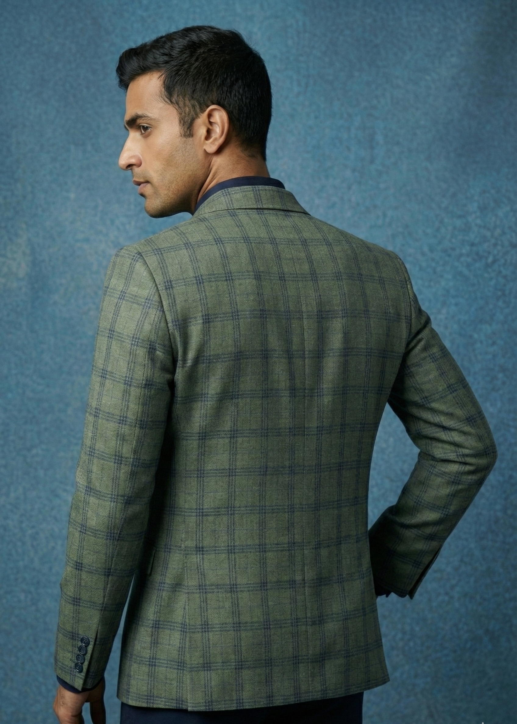 Triangle Men’s Premium Olive Green & Navy Checkered Slim Fit Blazer | Formal & Smart Casual Wear