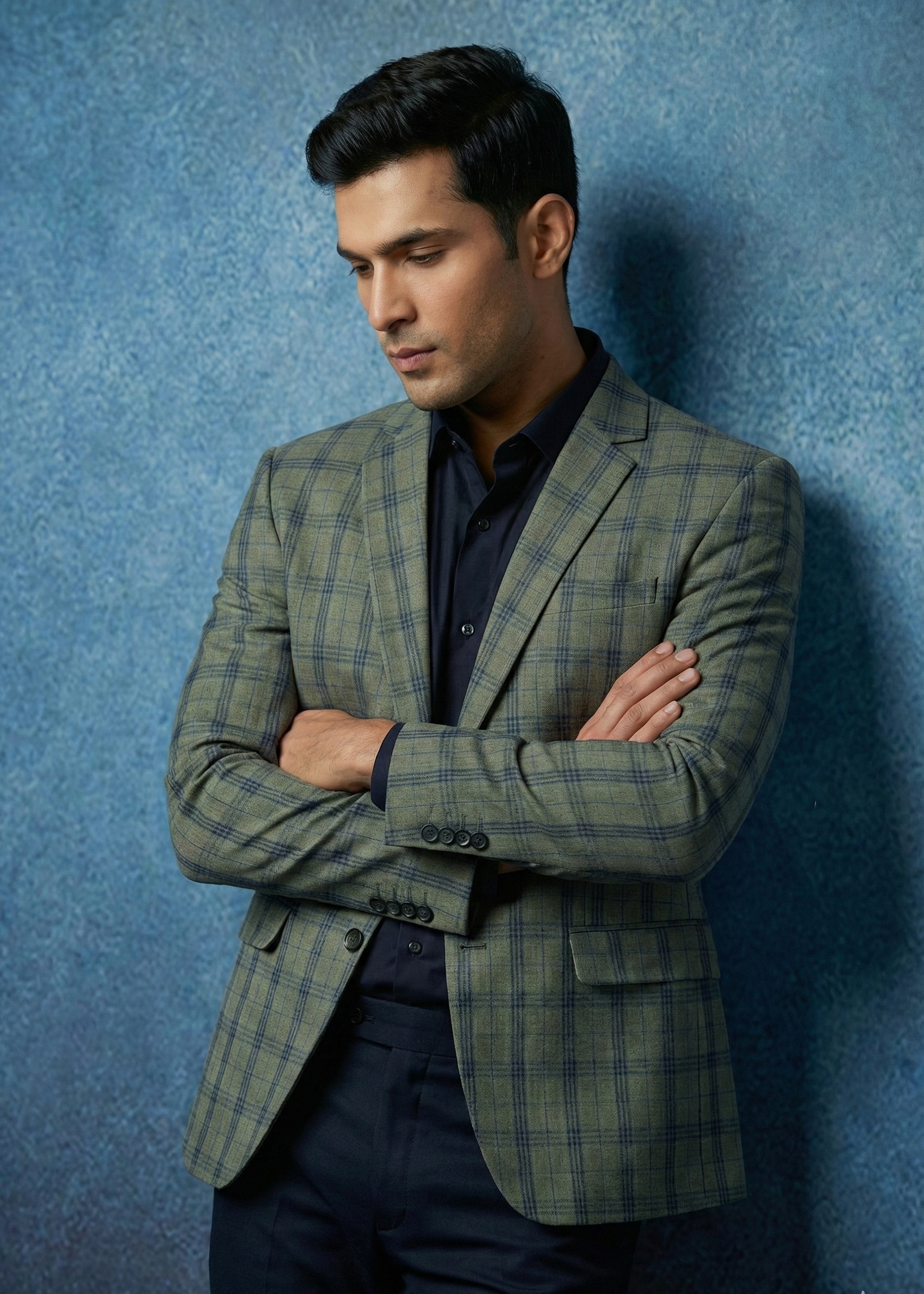 Triangle Men’s Premium Olive Green & Navy Checkered Slim Fit Blazer | Formal & Smart Casual Wear