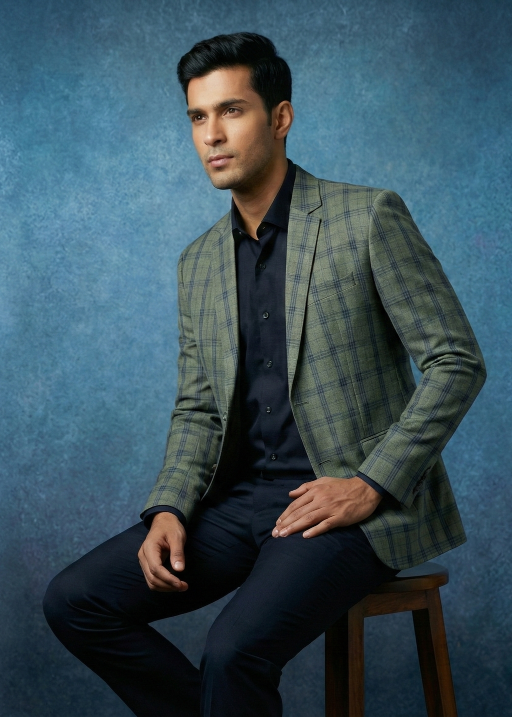 Triangle Men’s Premium Olive Green & Navy Checkered Slim Fit Blazer | Formal & Smart Casual Wear