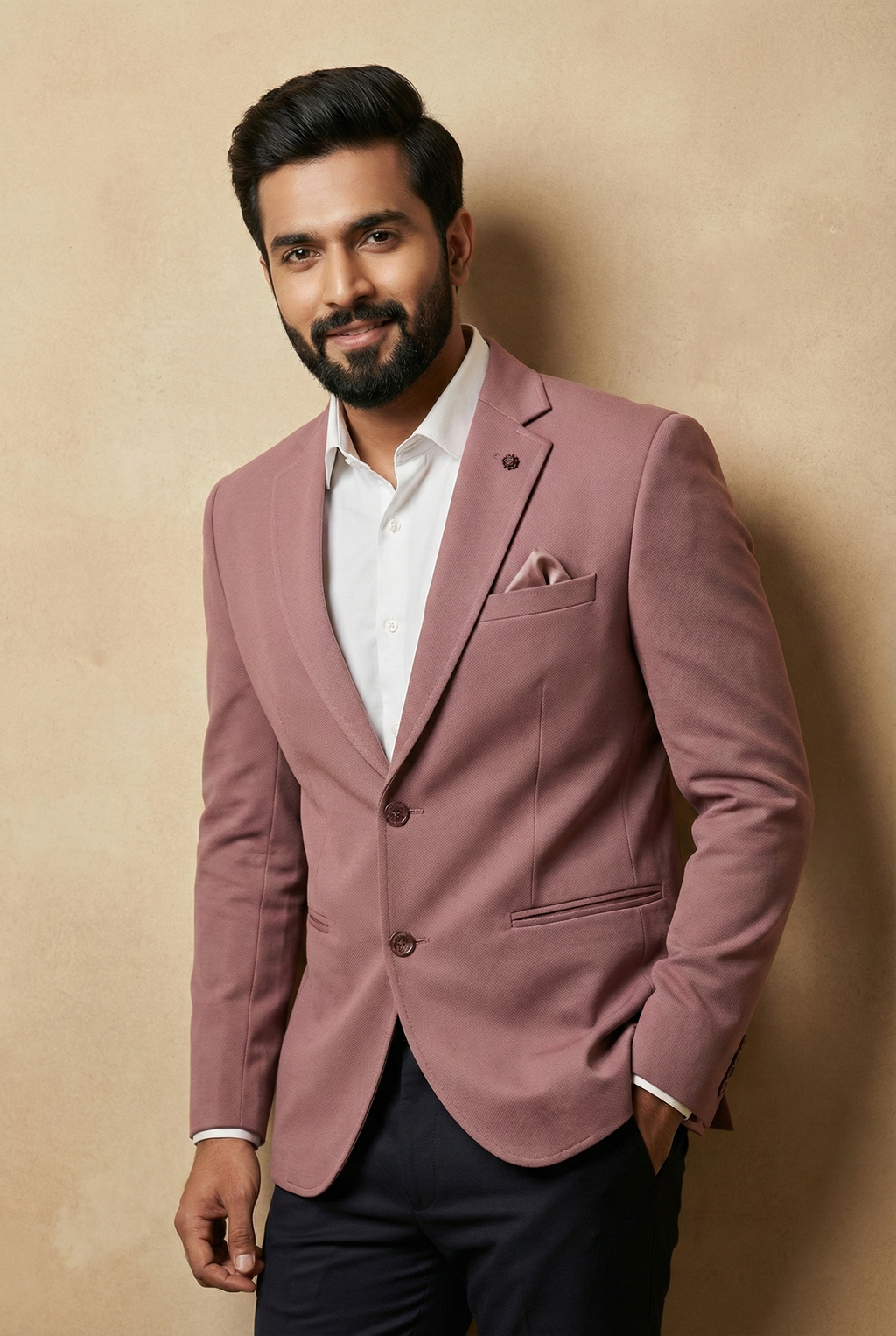 Men Solid Single Breasted Formal Blazer (Beige)