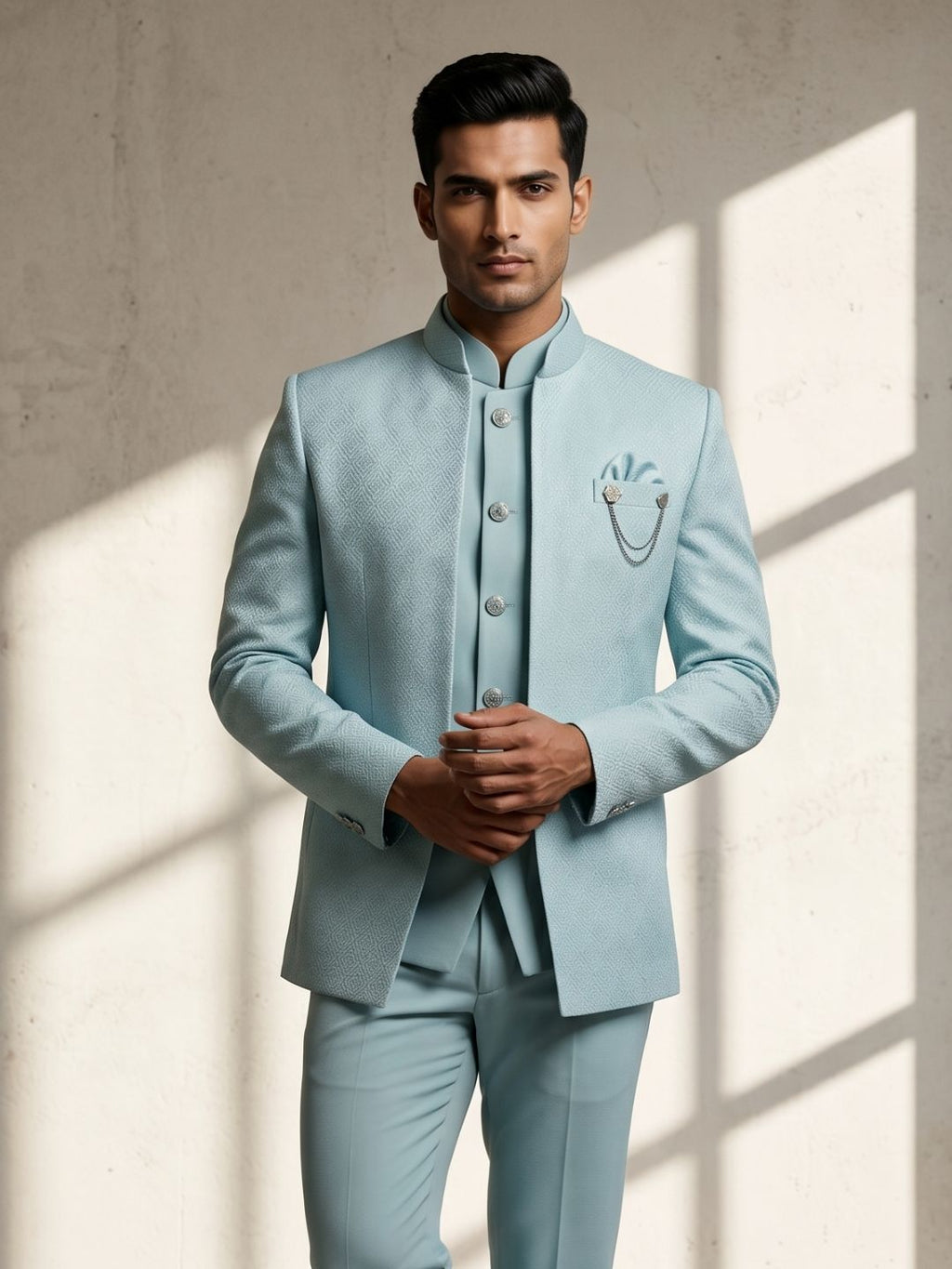 Triangle Pastel Blue Textured Jodhpuri Suit Set