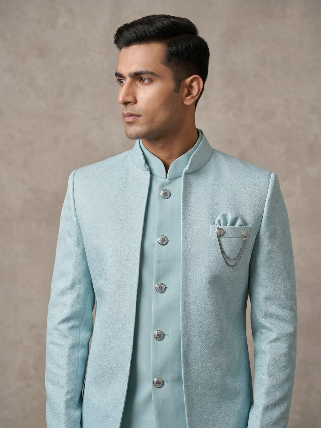 Triangle Pastel Blue Textured Jodhpuri Suit Set