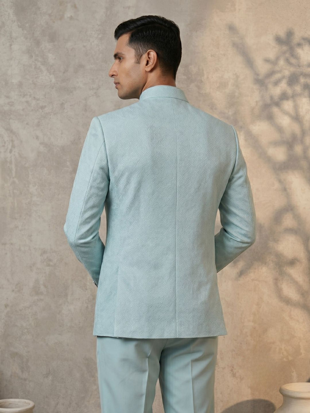 Triangle Pastel Blue Textured Jodhpuri Suit Set
