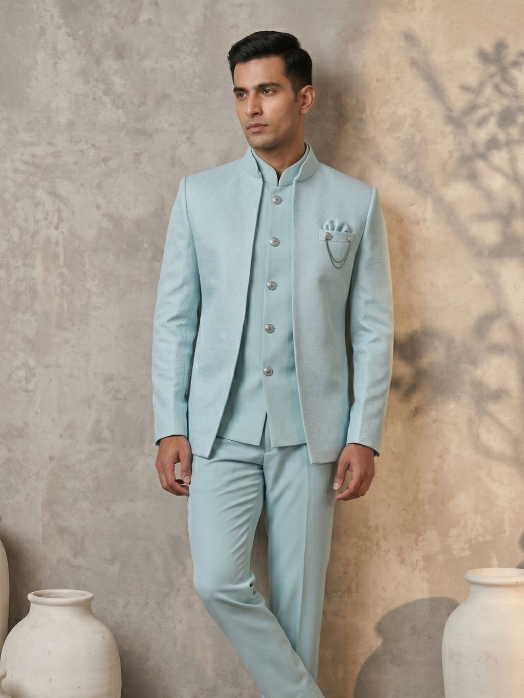 Triangle Pastel Blue Textured Jodhpuri Suit Set