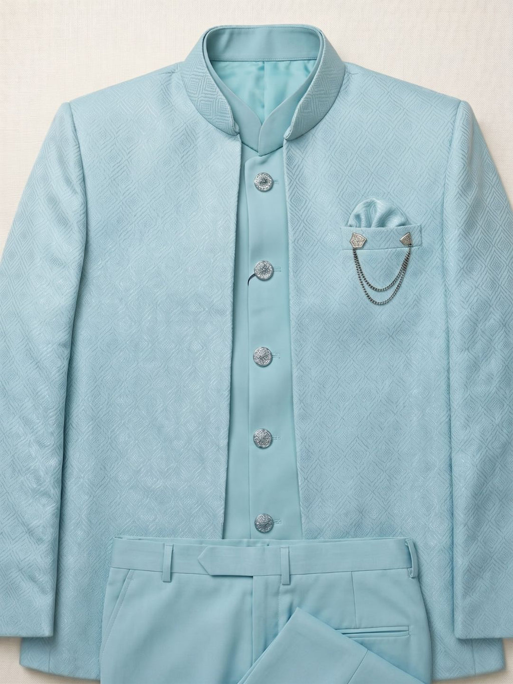 Triangle Pastel Blue Textured Jodhpuri Suit Set
