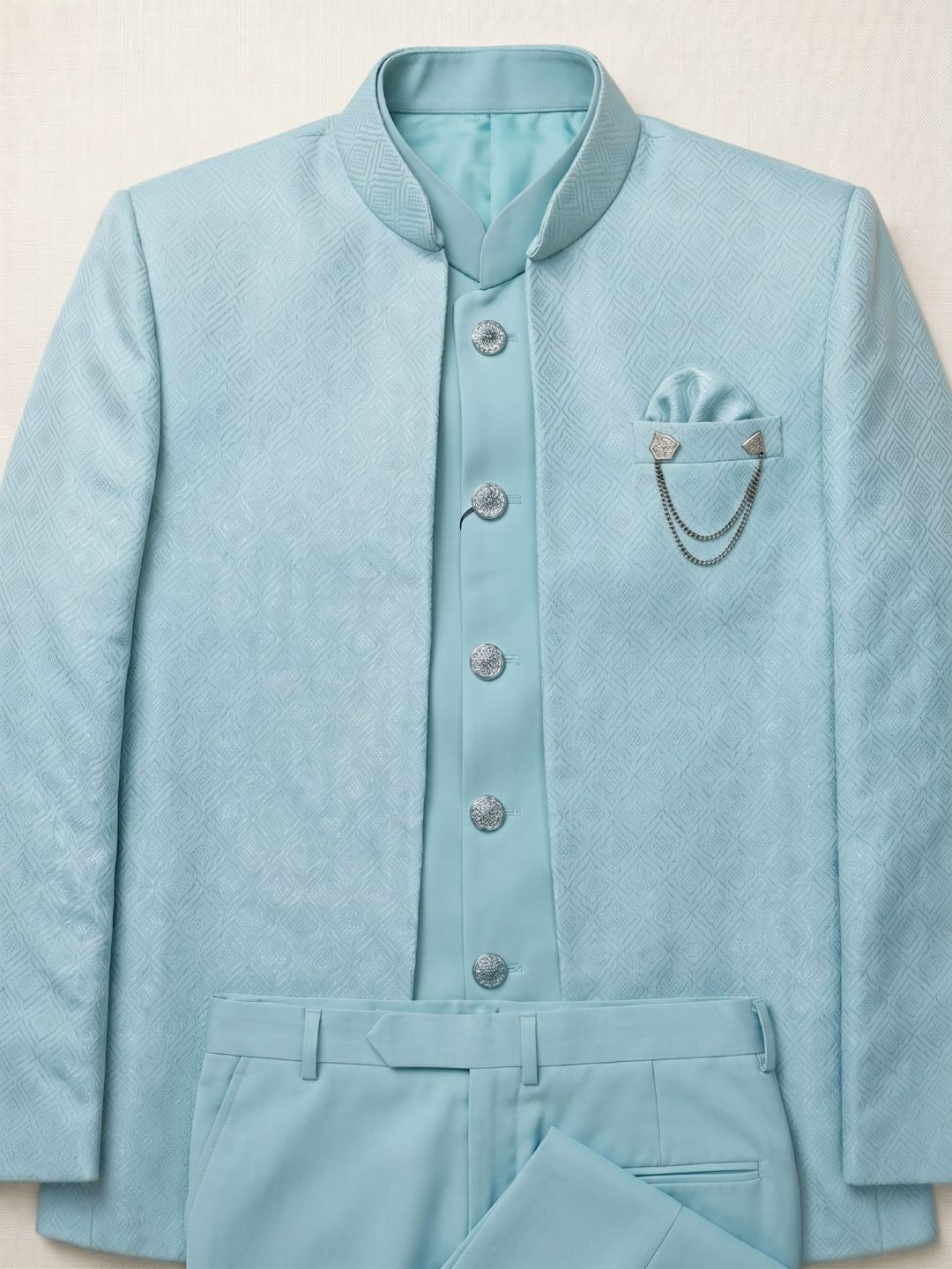 Triangle Pastel Blue Textured Jodhpuri Suit Set
