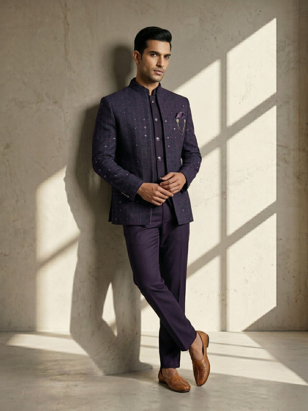 Royal Plum Embellished Indo-Western Jodhpuri Suit