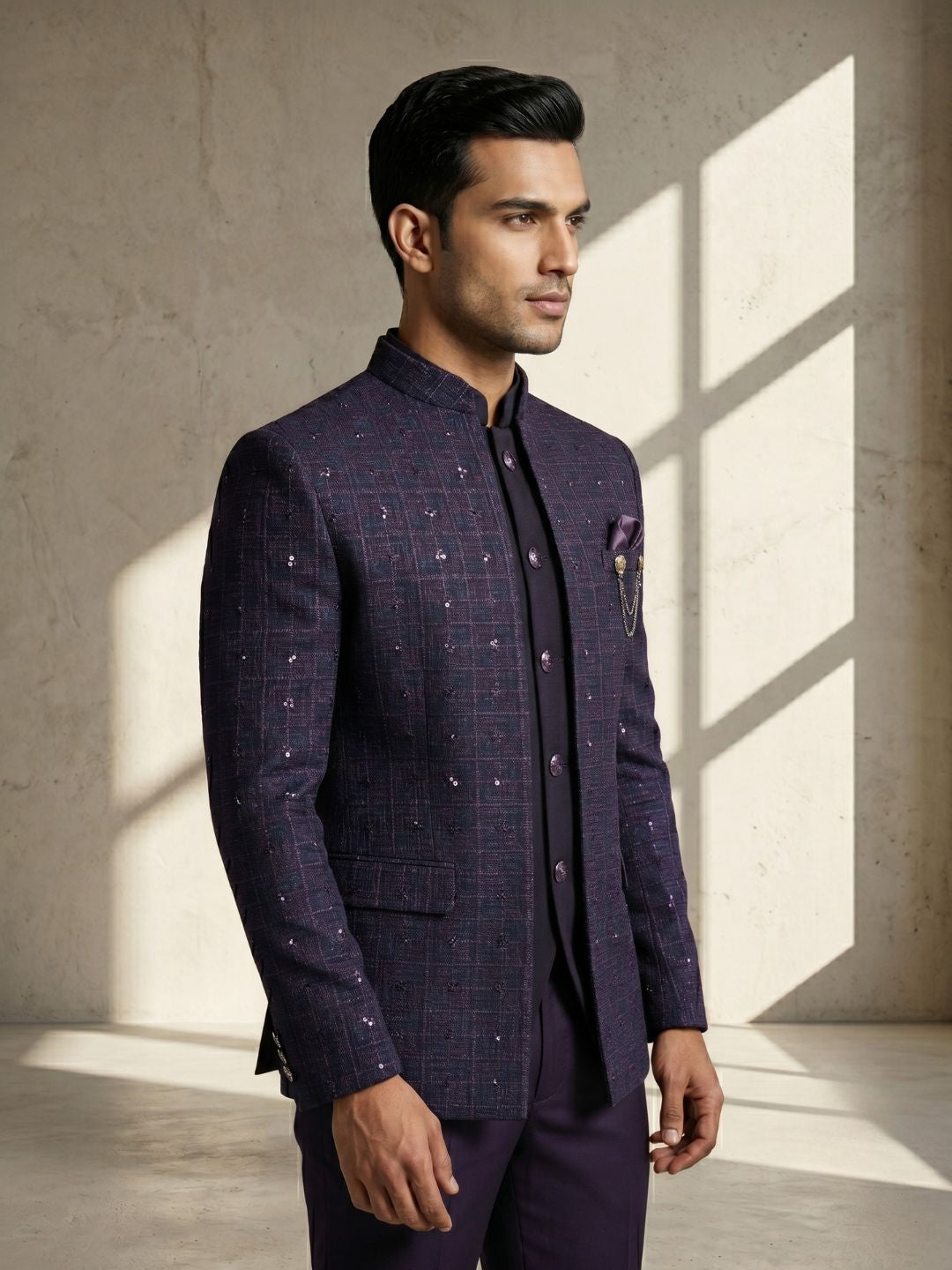 Royal Plum Embellished Indo-Western Jodhpuri Suit