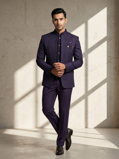 Royal Plum Embellished Indo-Western Jodhpuri Suit