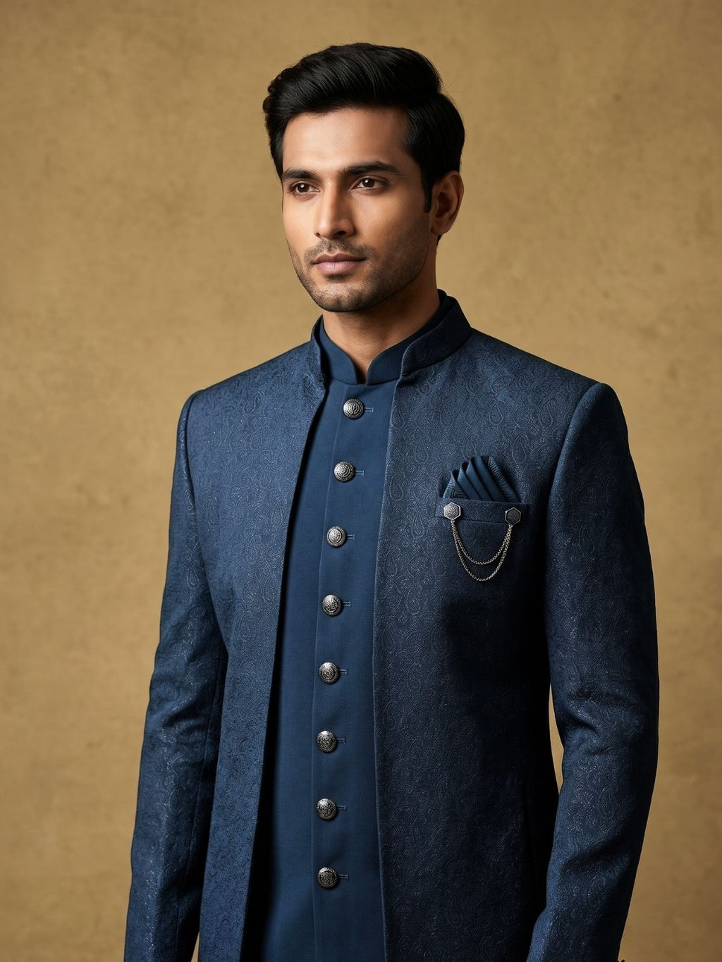 Premium Steel Blue Patterned Indo-Western Suit