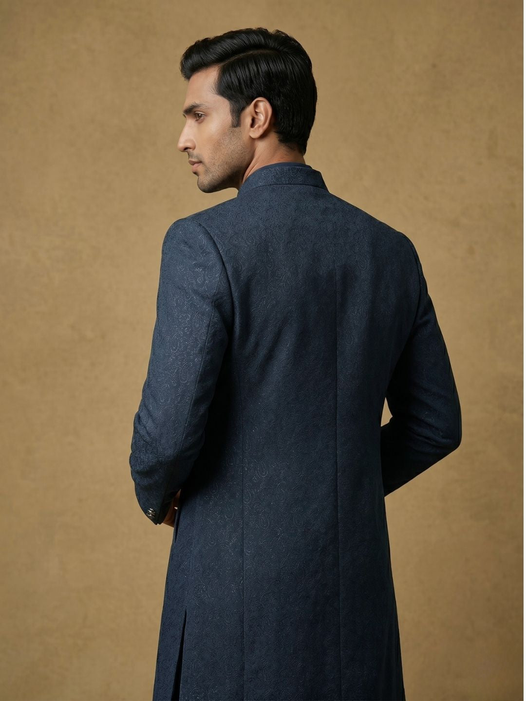 Premium Steel Blue Patterned Indo-Western Suit