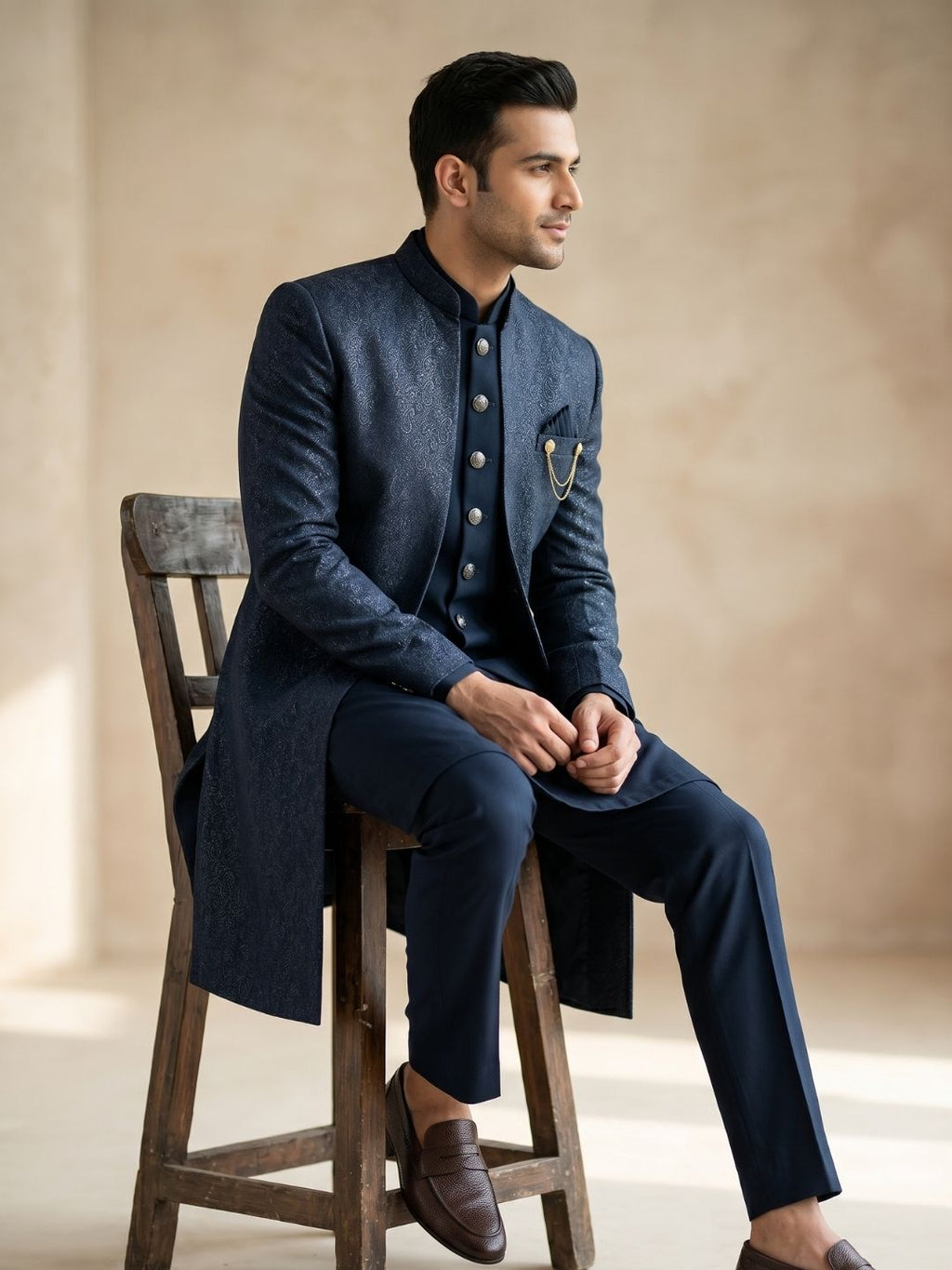 Premium Steel Blue Patterned Indo-Western Suit