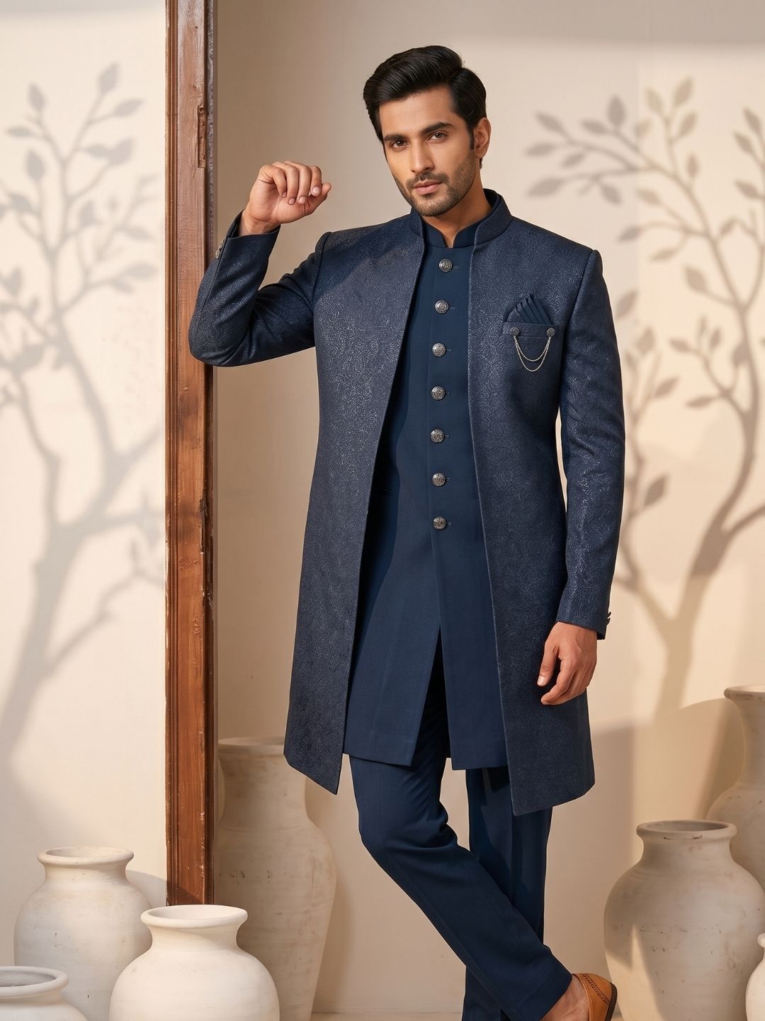 Premium Steel Blue Patterned Indo-Western Suit