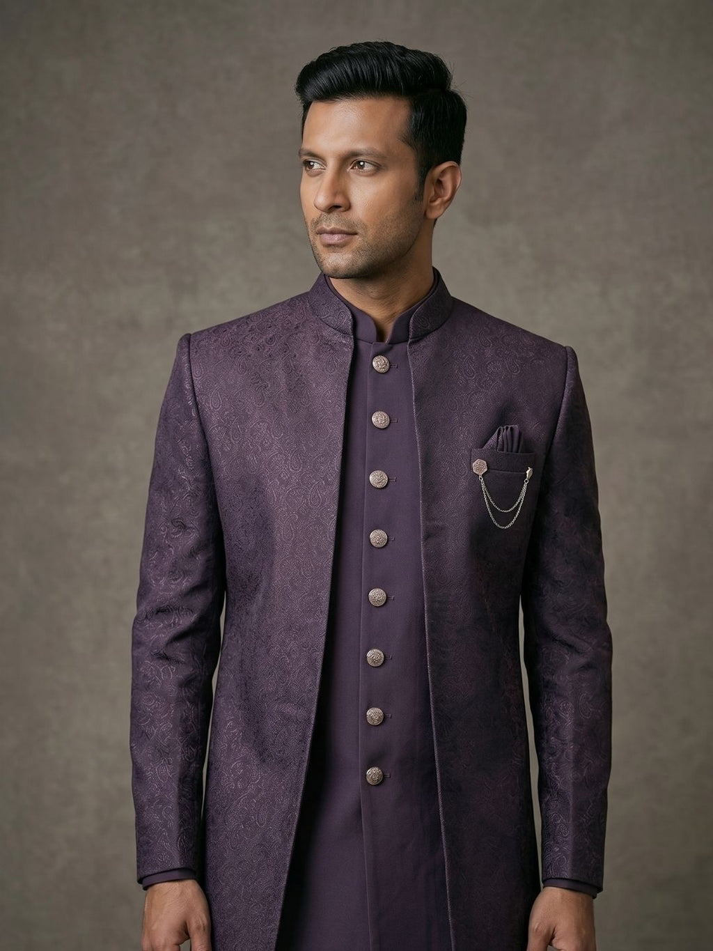 Triangle Premium Plum Purple Patterned Indo-Western Suit