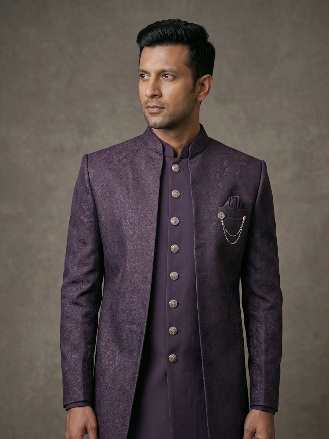 Triangle Premium Plum Purple Patterned Indo-Western Suit