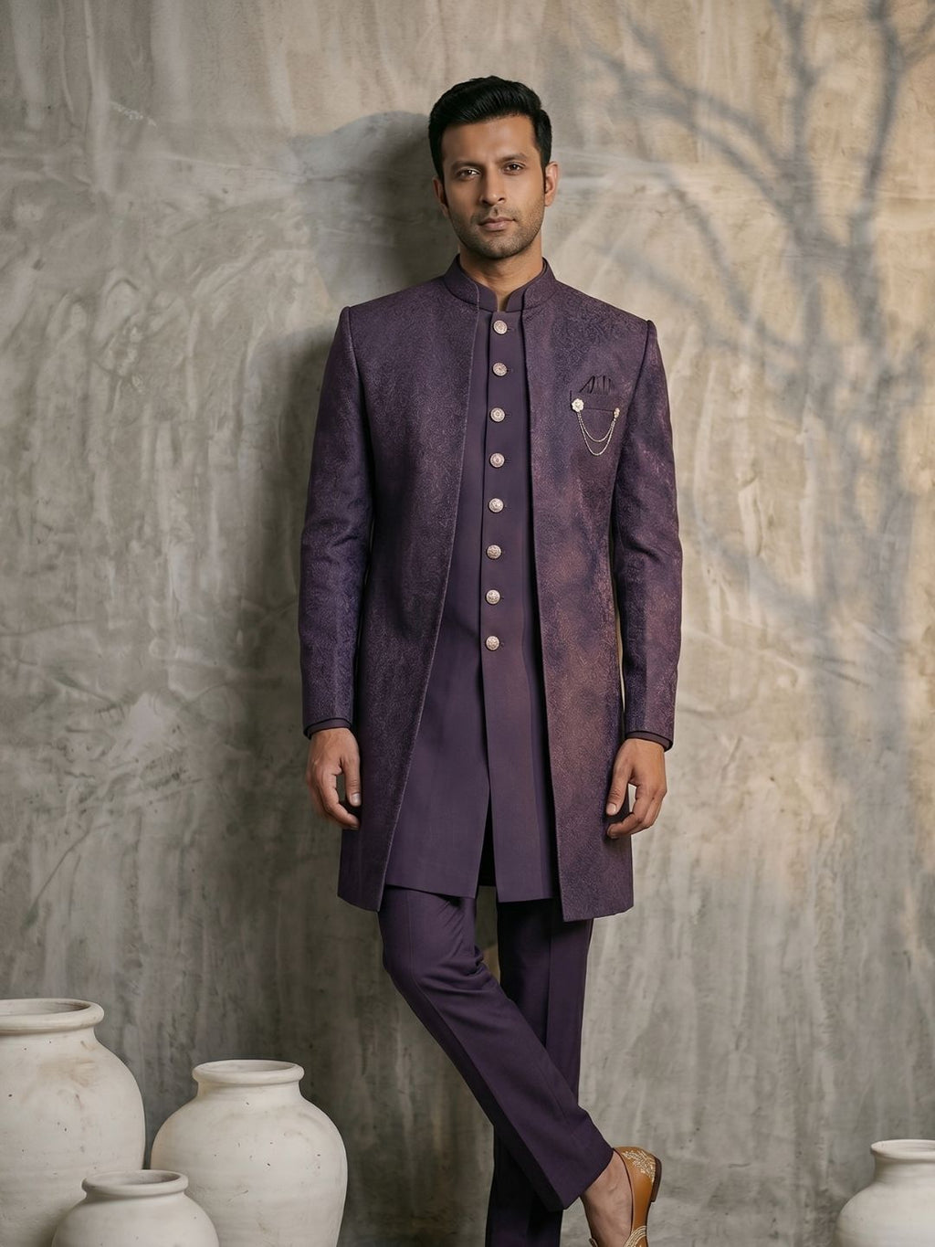 Triangle Premium Plum Purple Patterned Indo-Western Suit