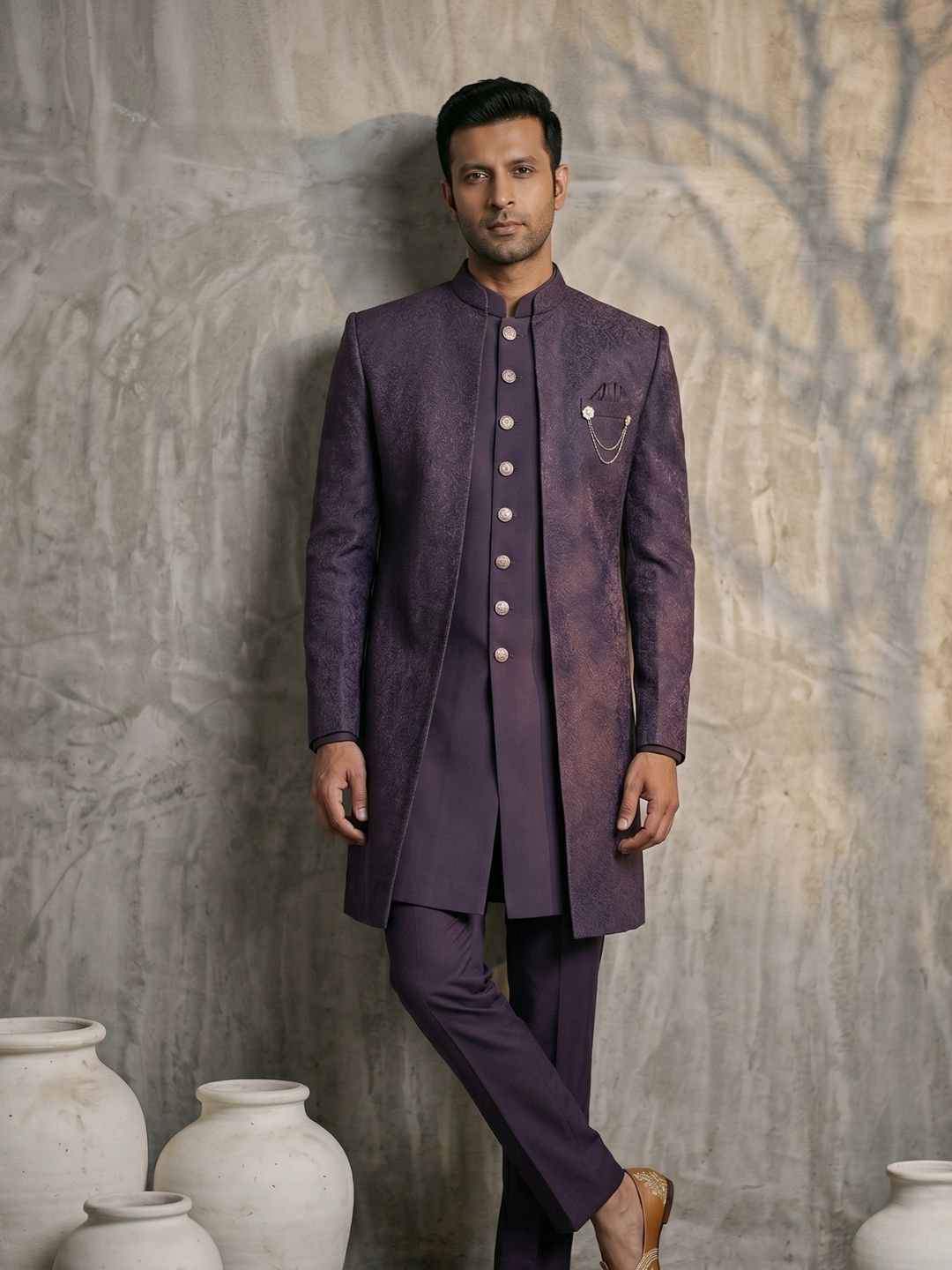 Triangle Premium Plum Purple Patterned Indo-Western Suit