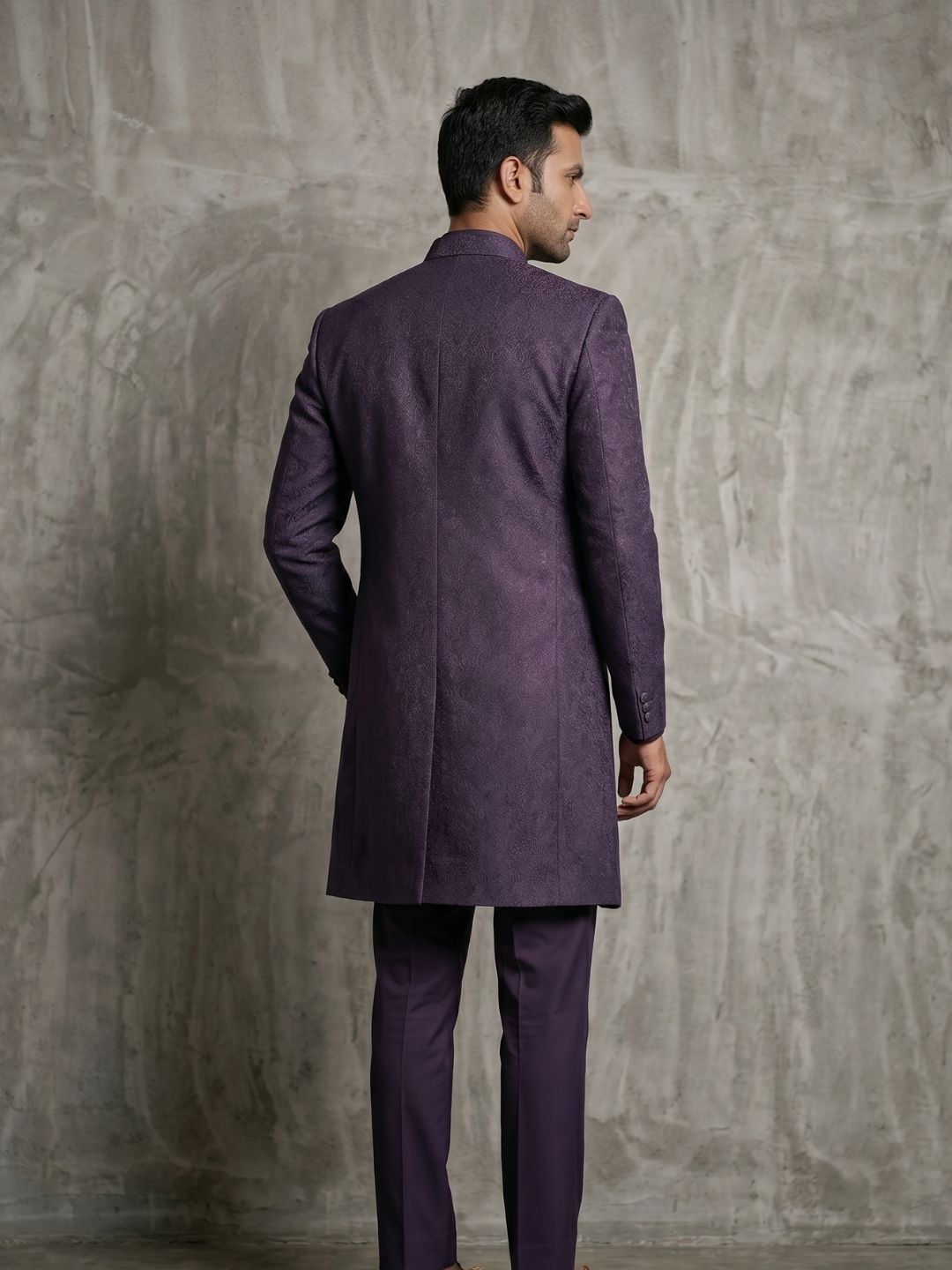 Triangle Premium Plum Purple Patterned Indo-Western Suit