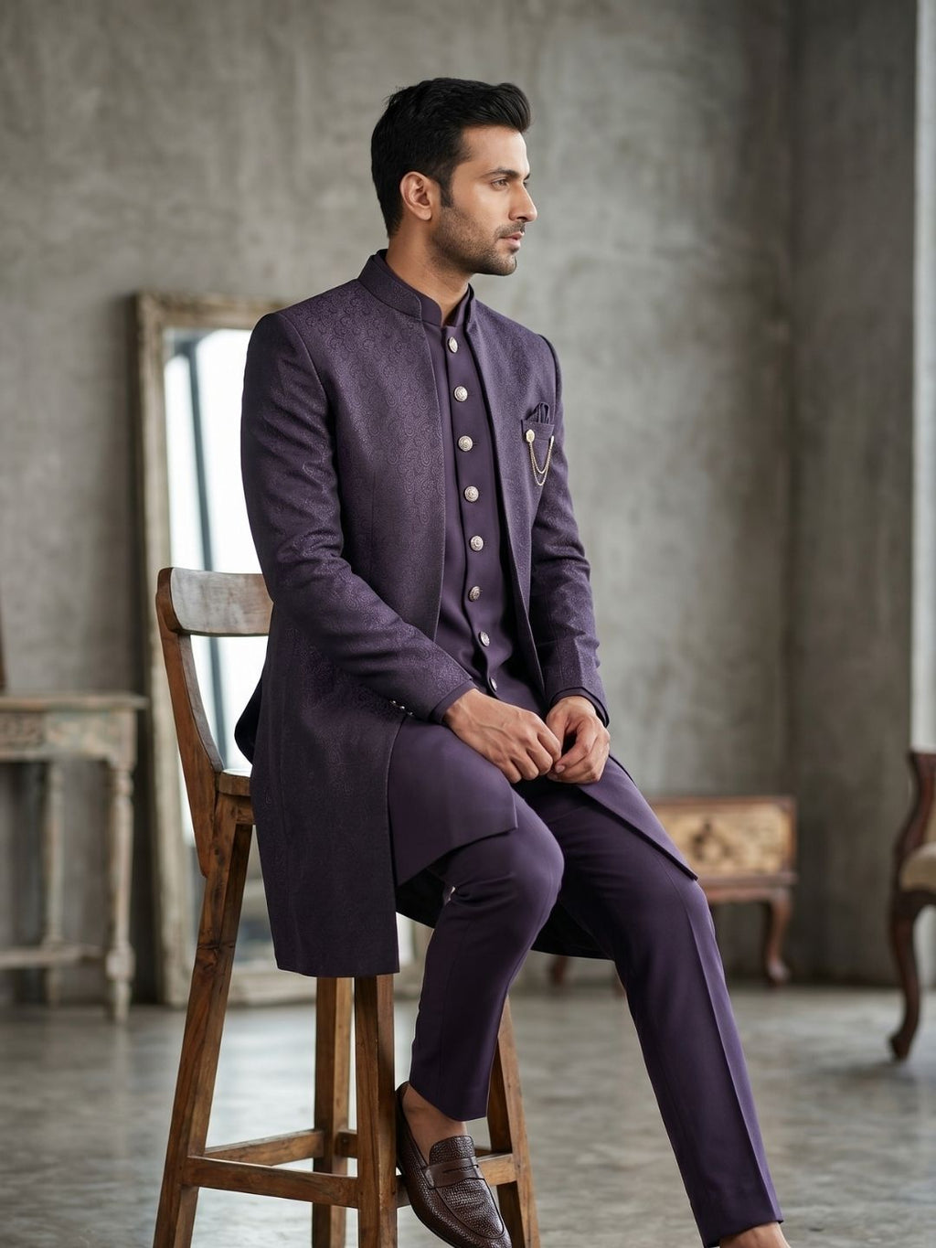Triangle Premium Plum Purple Patterned Indo-Western Suit