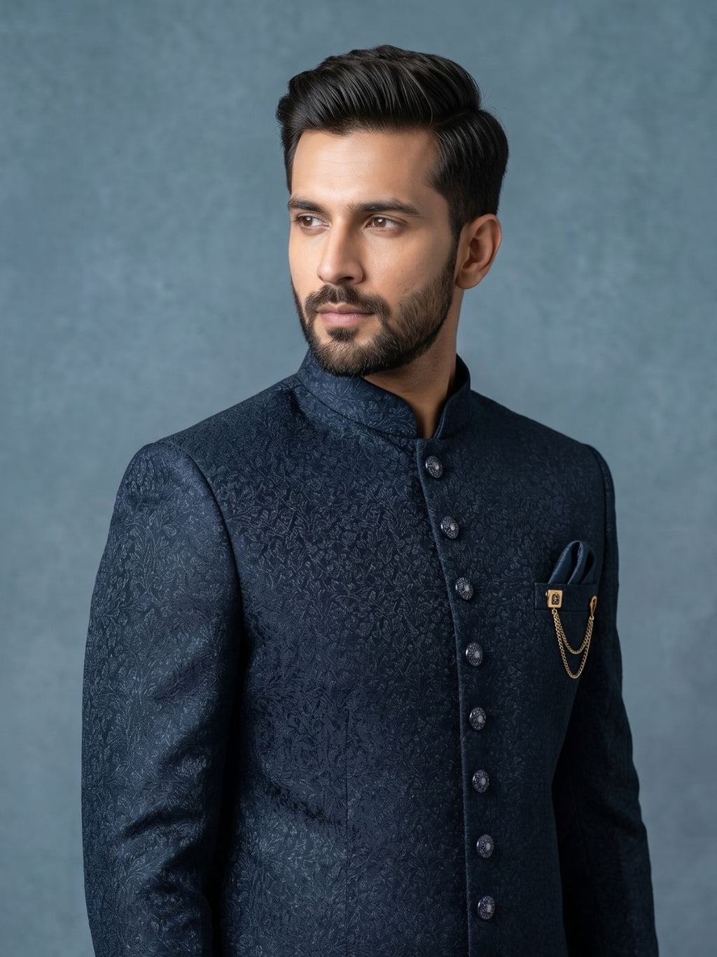 Premium Midnight Blue Textured Indo-Western Suit