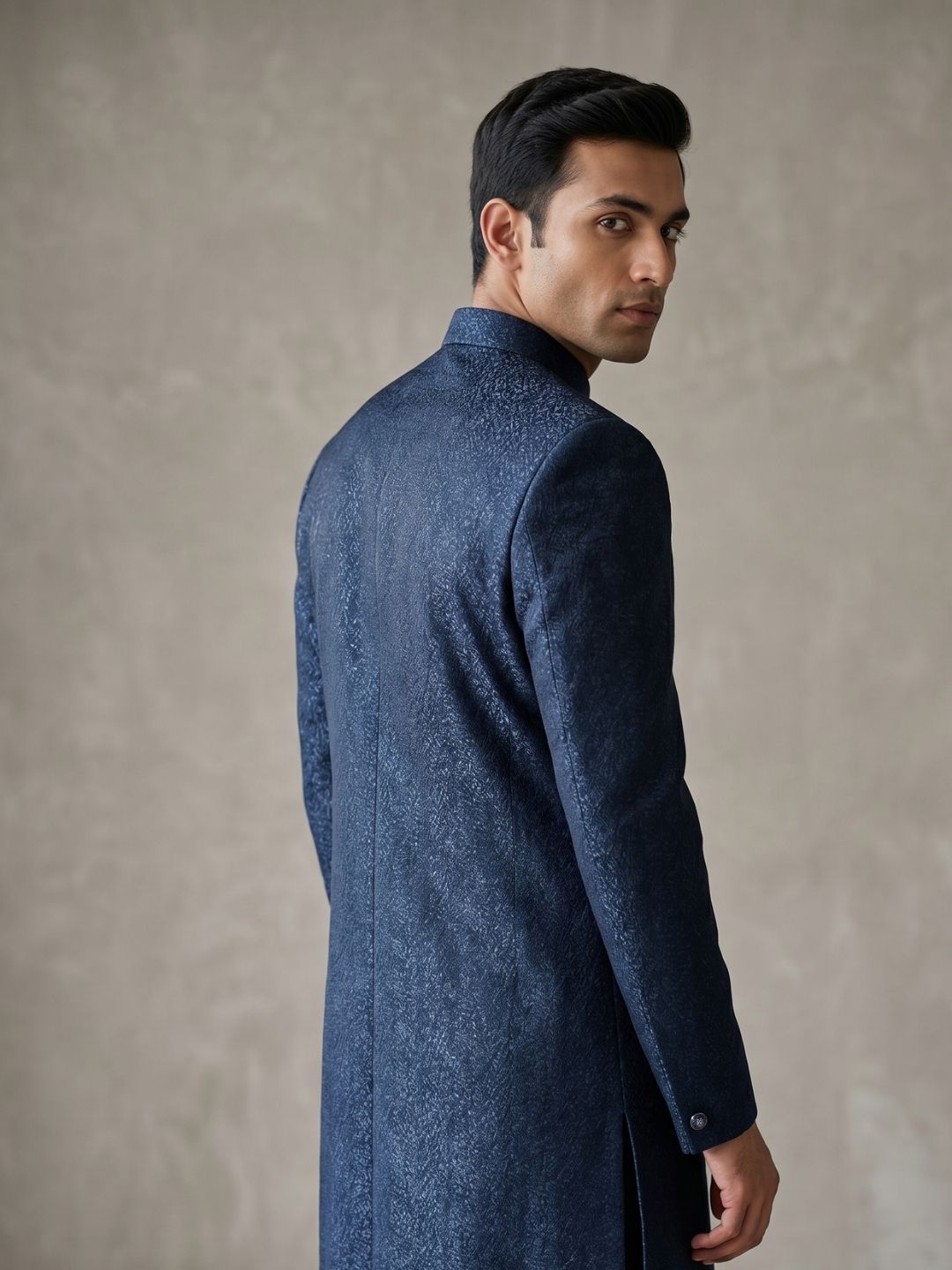 Premium Midnight Blue Textured Indo-Western Suit