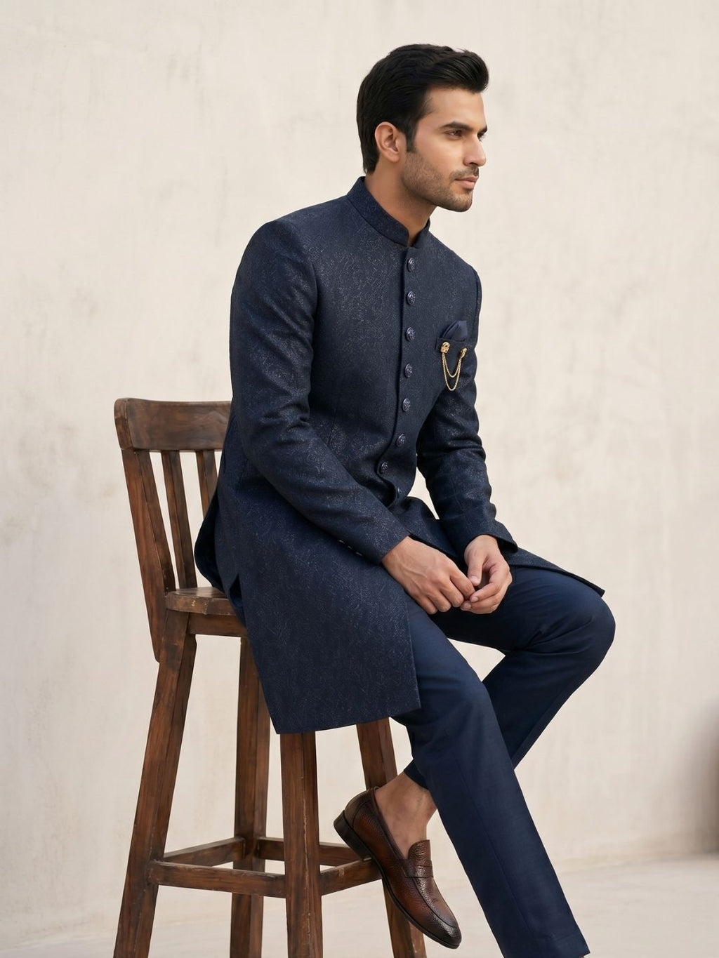 Premium Midnight Blue Textured Indo-Western Suit