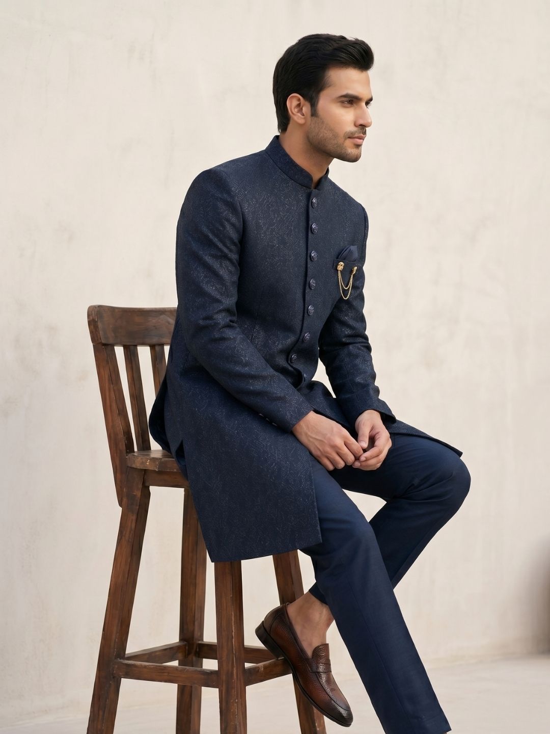 Premium Midnight Blue Textured Indo-Western Suit