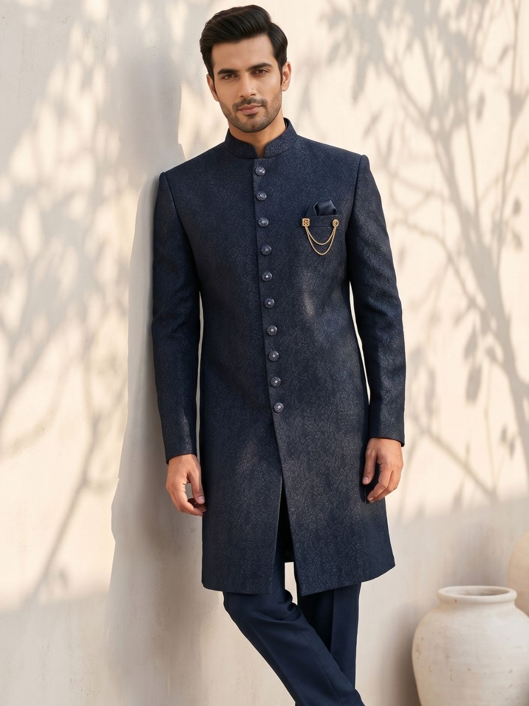 Premium Midnight Blue Textured Indo-Western Suit