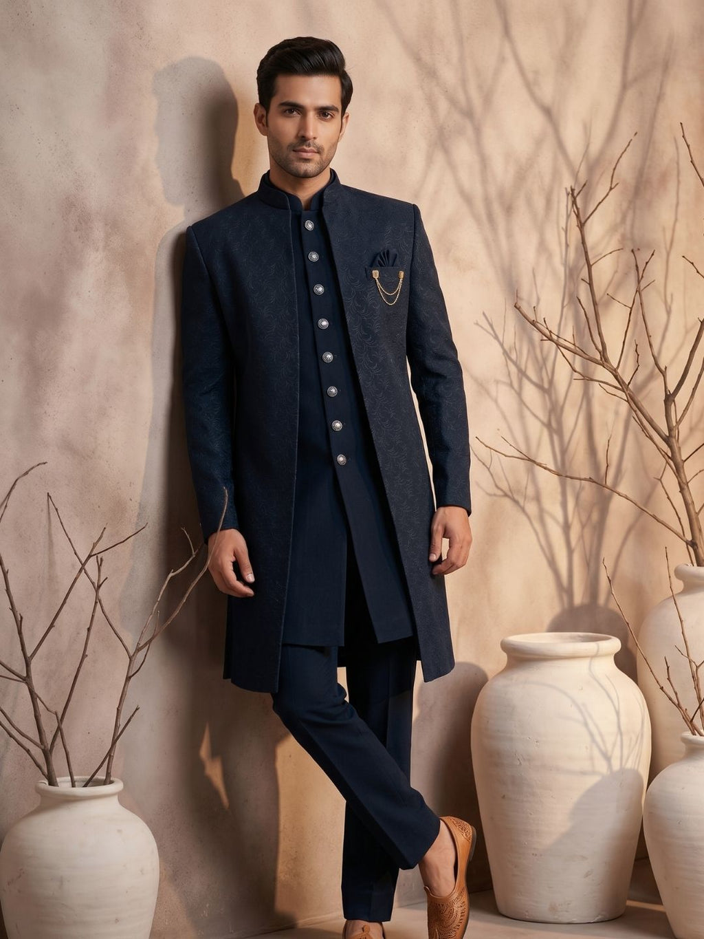 Triangle Premium Navy Blue Textured Indo-Western Suit