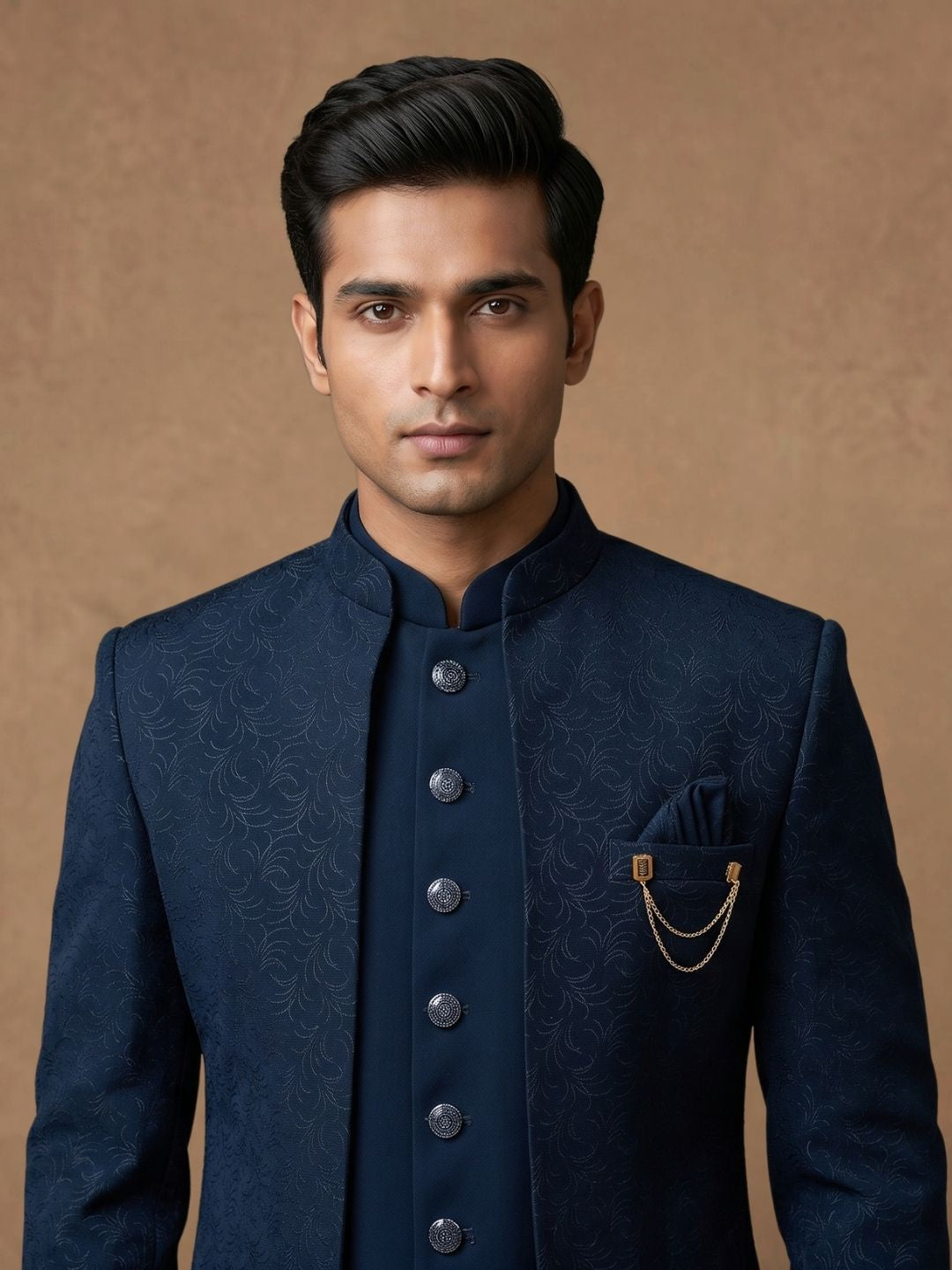Triangle Premium Navy Blue Textured Indo-Western Suit