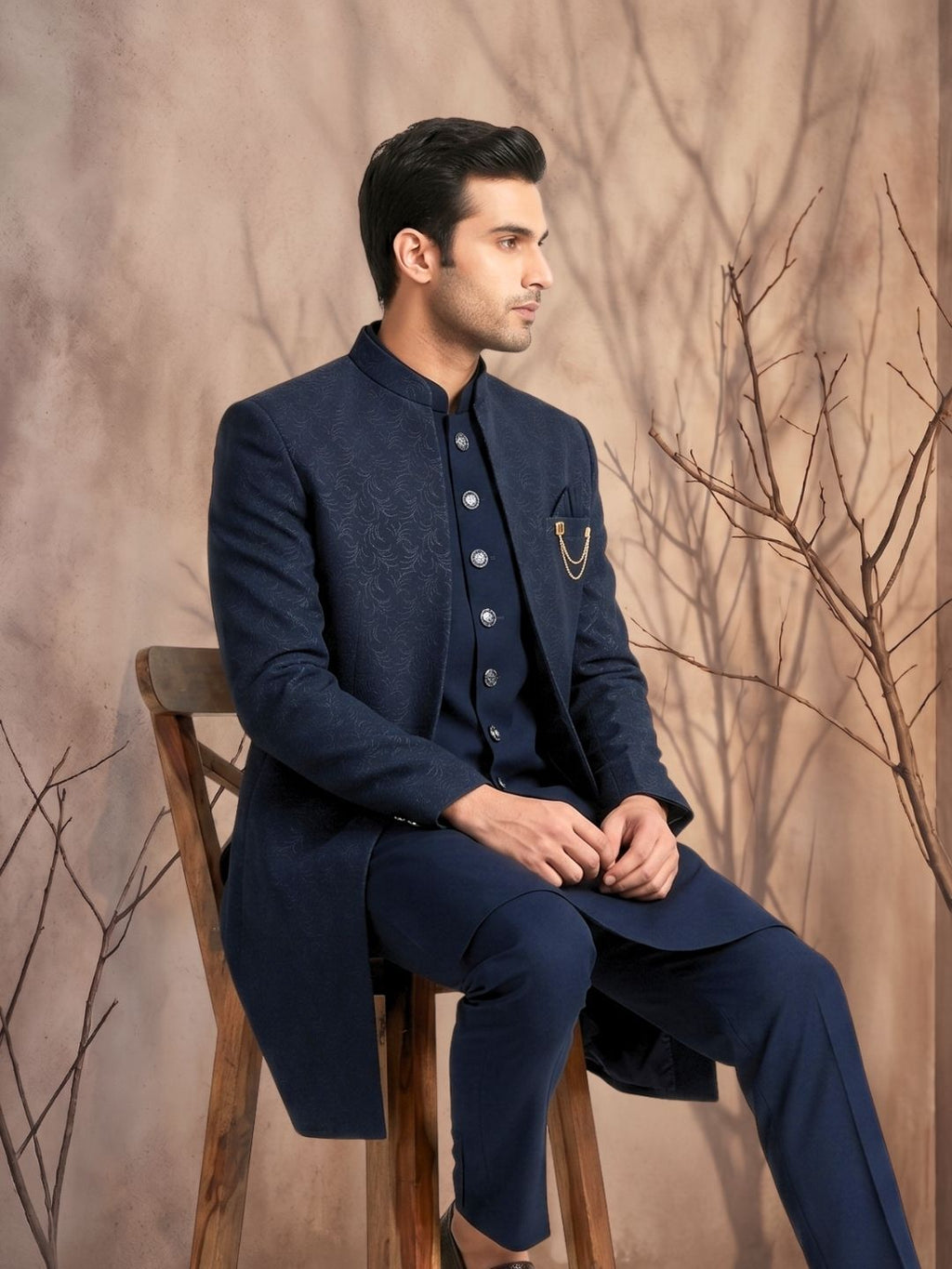 Triangle Premium Navy Blue Textured Indo-Western Suit
