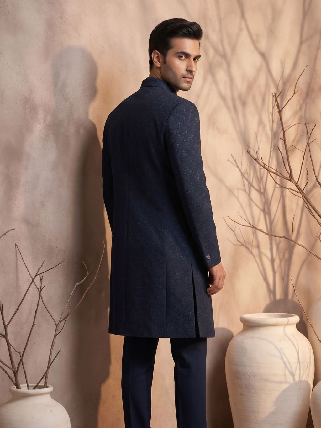 Triangle Premium Navy Blue Textured Indo-Western Suit