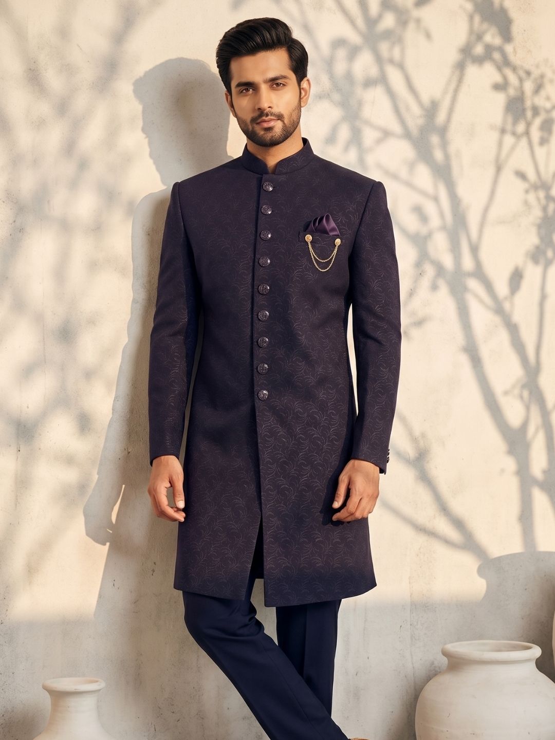 Triangle Premium Deep Purple Textured Indo-Western Suit