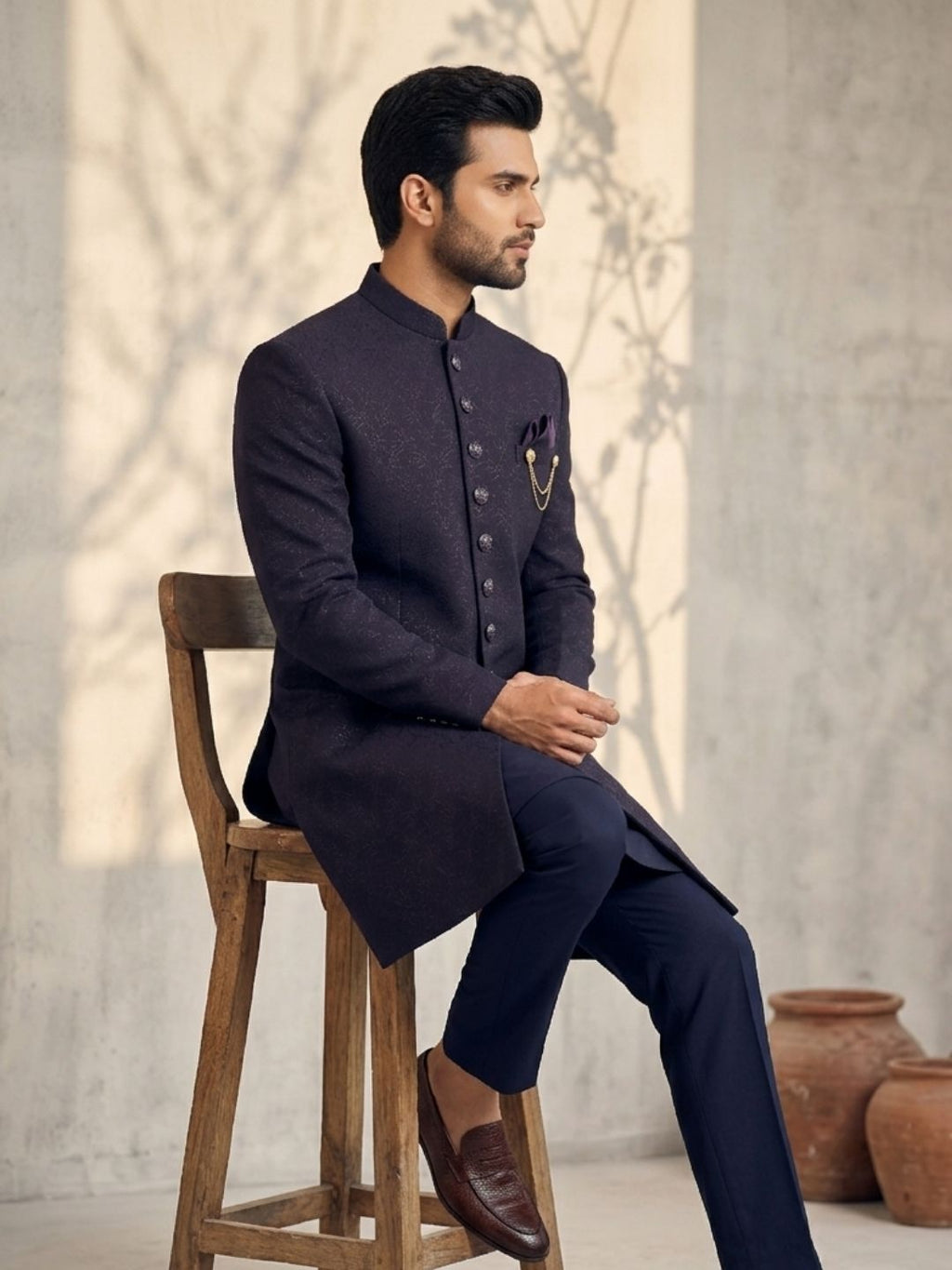 Triangle Premium Deep Purple Textured Indo-Western Suit