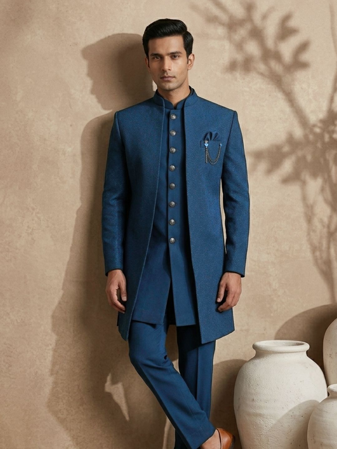 Triangle Premium Teal Blue Textured Indo-Western Suit