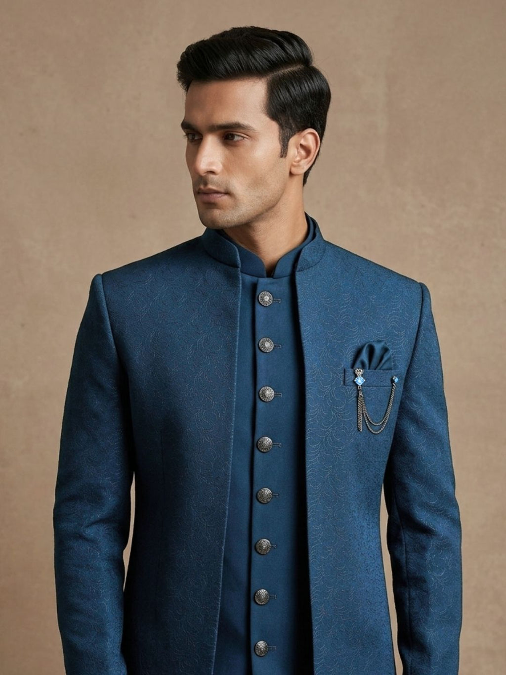 Triangle Premium Teal Blue Textured Indo-Western Suit