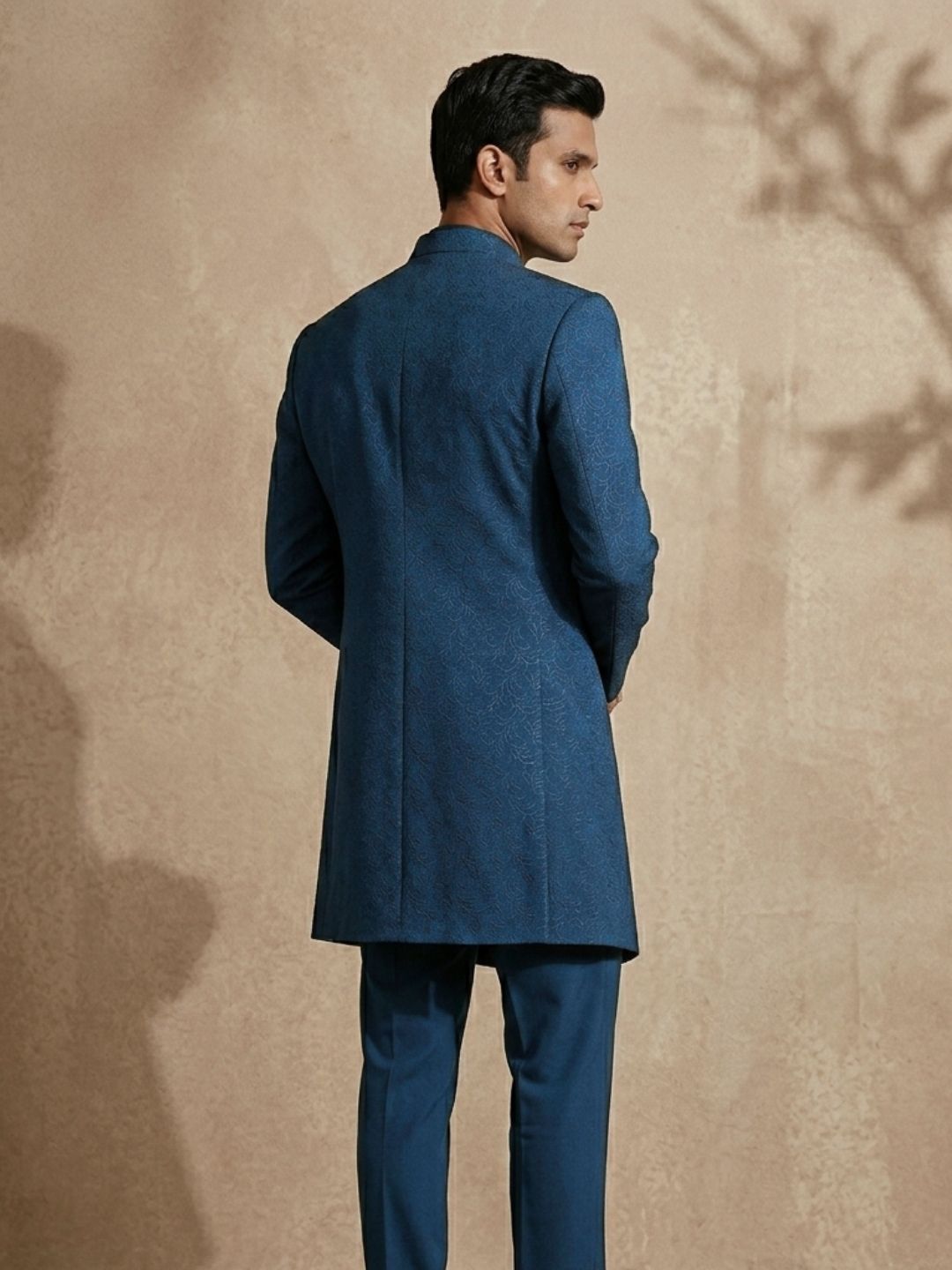 Triangle Premium Teal Blue Textured Indo-Western Suit