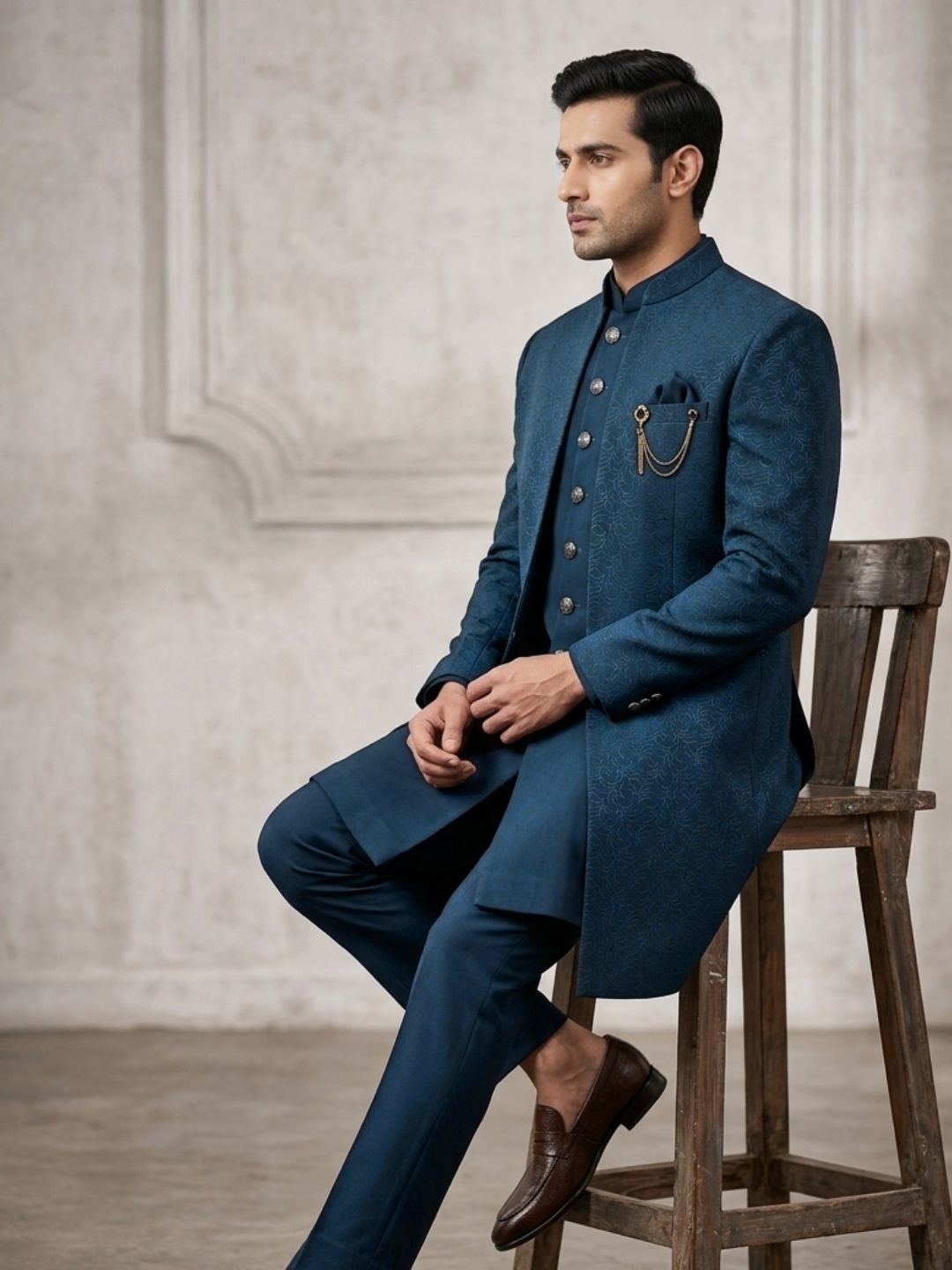 Triangle Premium Teal Blue Textured Indo-Western Suit