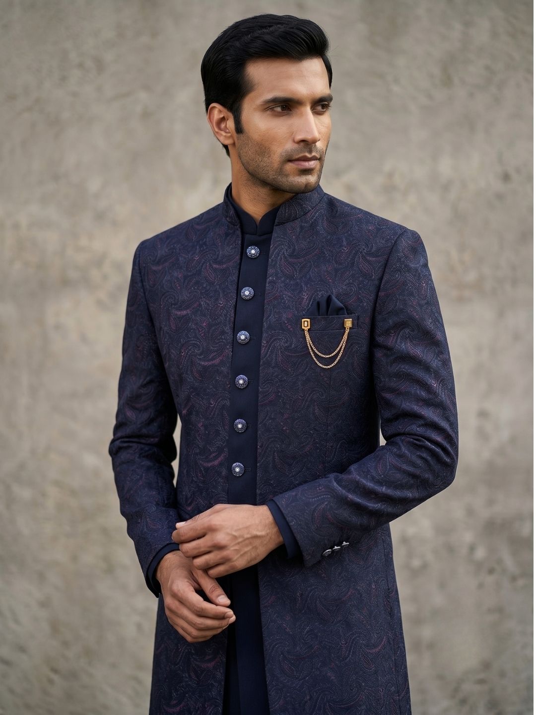 Premium Navy Blue Patterned Indo-Western Suit