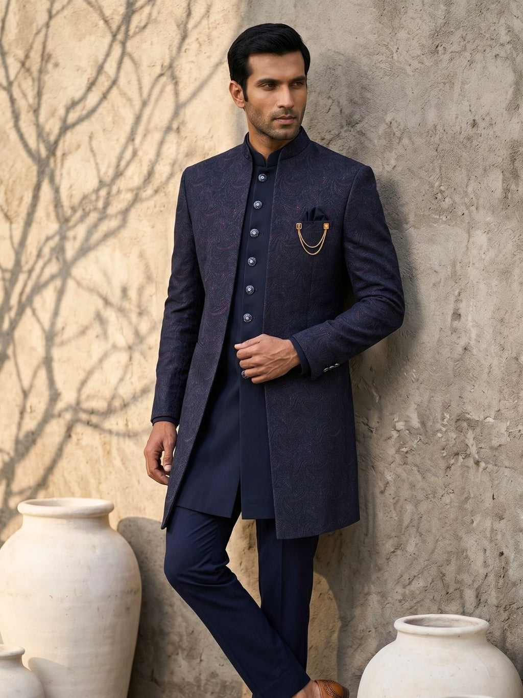 Premium Navy Blue Patterned Indo-Western Suit